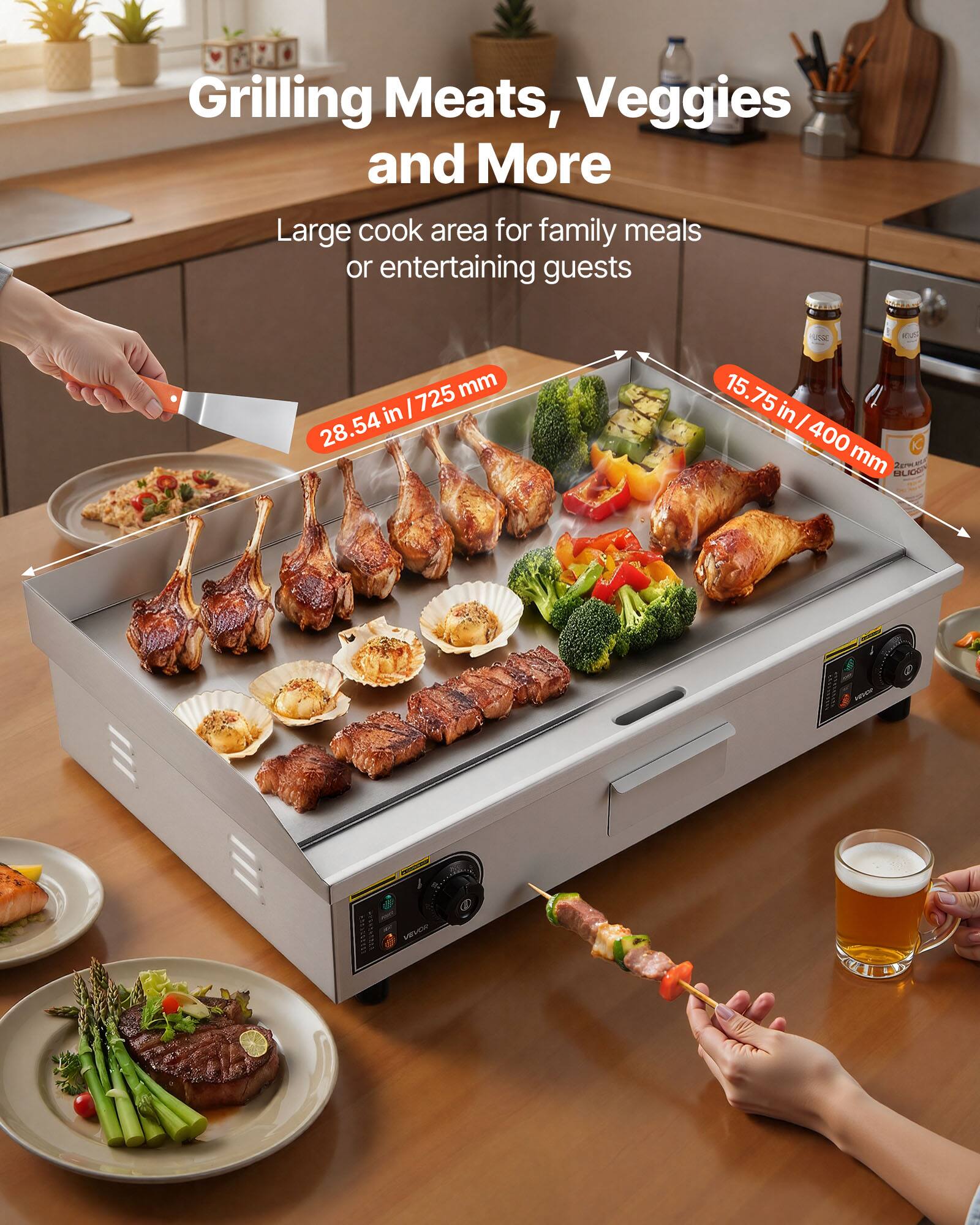 Grilling Meats, Veggies and More  
Large cook area for family meals or entertaining guests  

725 mm in 28.54  
RTA 15.75 in I 400 mm BUCK Zermuer  
VEVOR