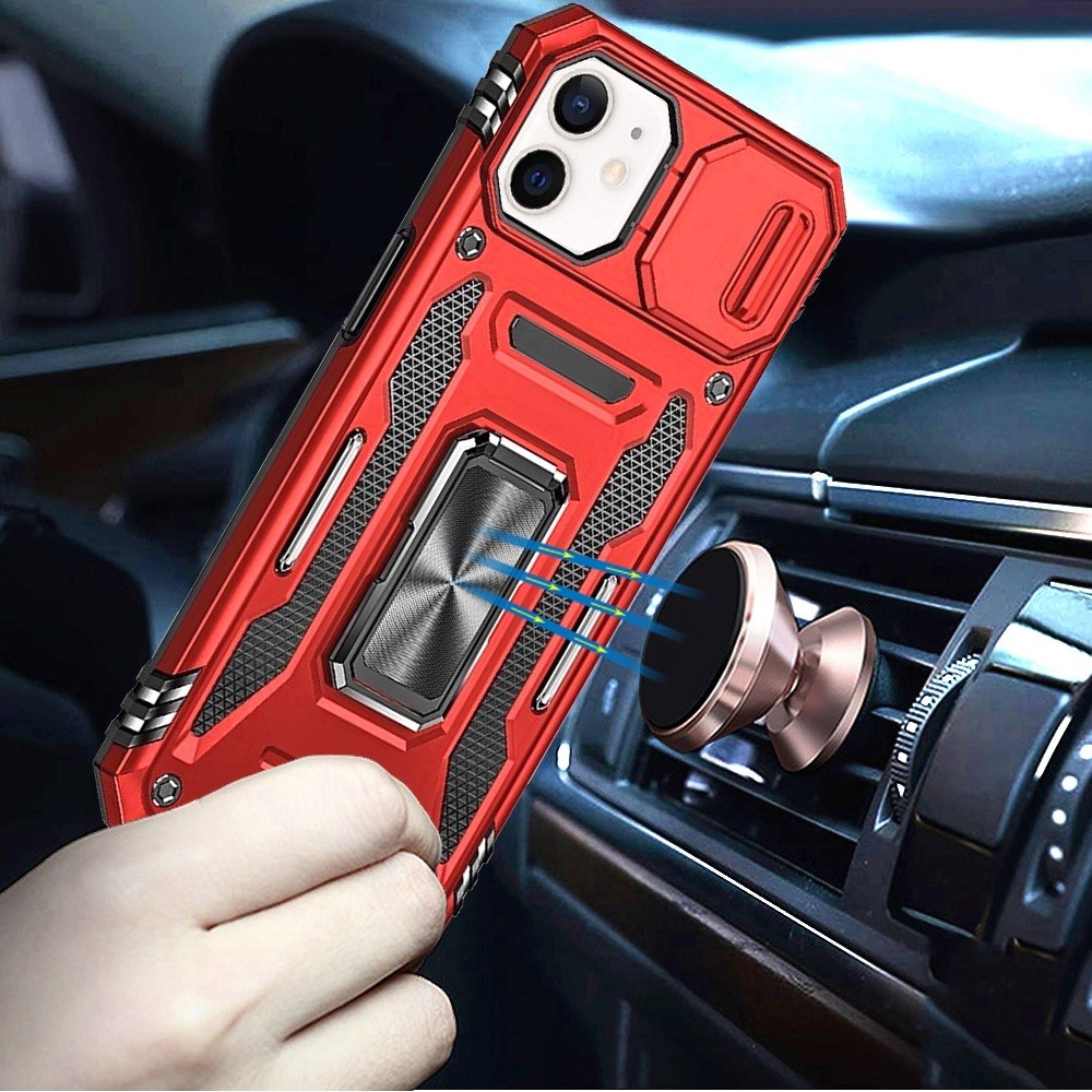 Angle. Kitcheniva - Dual Layer Shockproof Sliding Lens Cover Magnetic Ring Stand Phone Case With Tempered Glass For iPhone 12/12 Pro Red - Red.