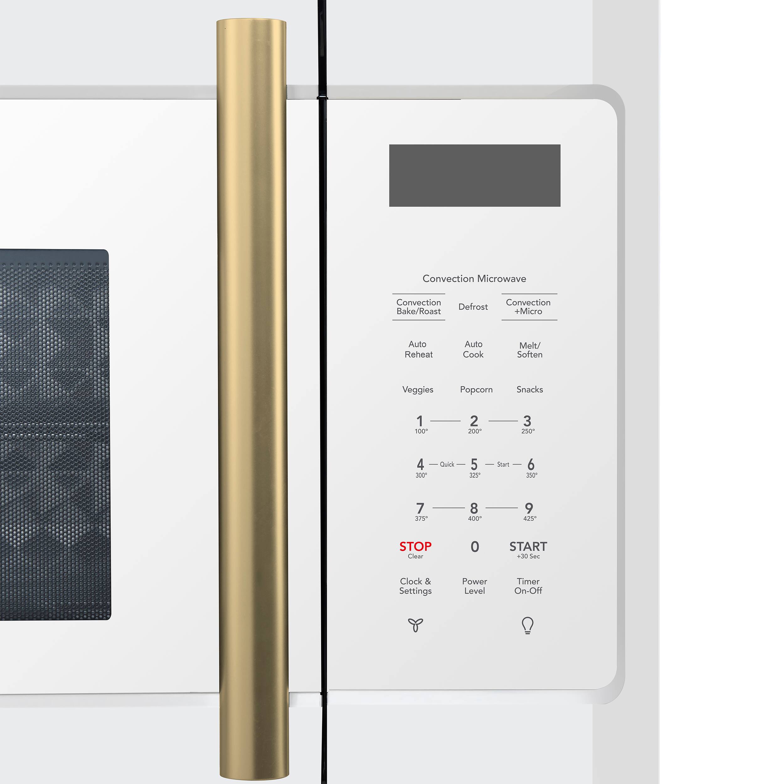 Convection Microwave
Convection Bake/Roast
Defrost
Auto Reheat
Auto Cook
Melt/Soften
Veggies
Popcorn
Snacks
1 100
2 200
3 250
4 300
5 375
6 425
7 375
8 400
9 425
STOP
Clear
0
START
Clock & Settings
Power Level
Timer On-Off