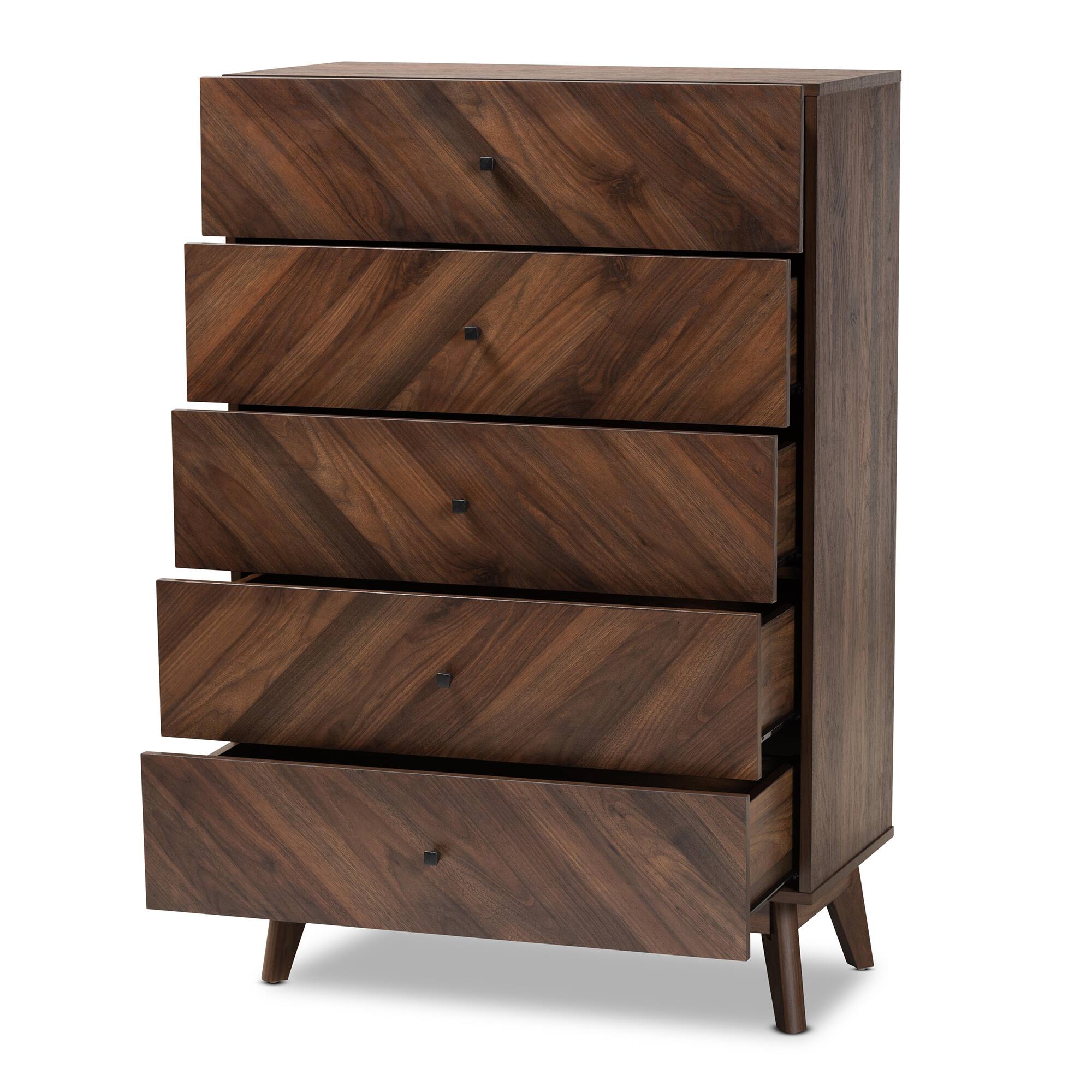 Angle. Baxton Studio - Hartman Mid-Century Modern Finished Wood 5-Drawer Storage Chest - Walnut Brown.