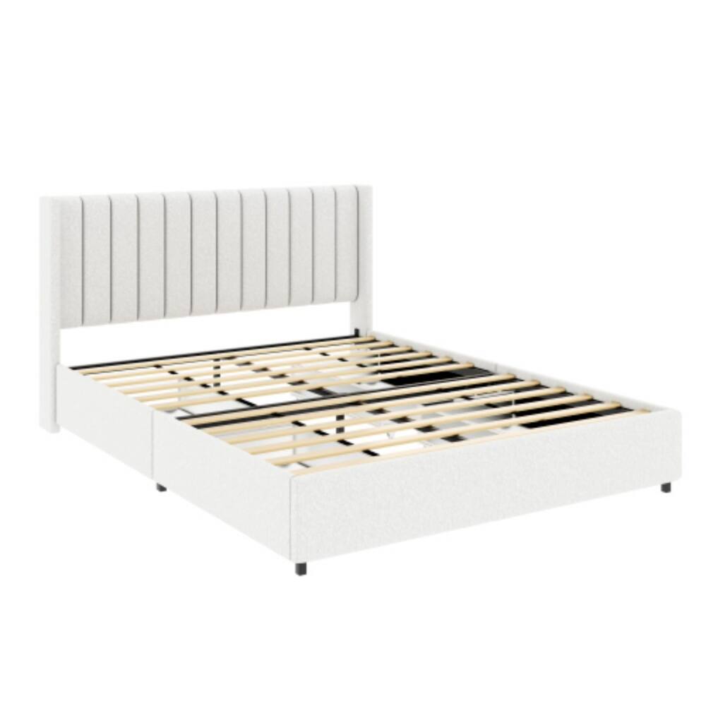 Back. LUCKY ONE - Queen Size Ivory Boucle Upholstered Platform Bed with Patented 4 Drawers Storage, Tufted Headboard, Wooden Slats - Ivory.