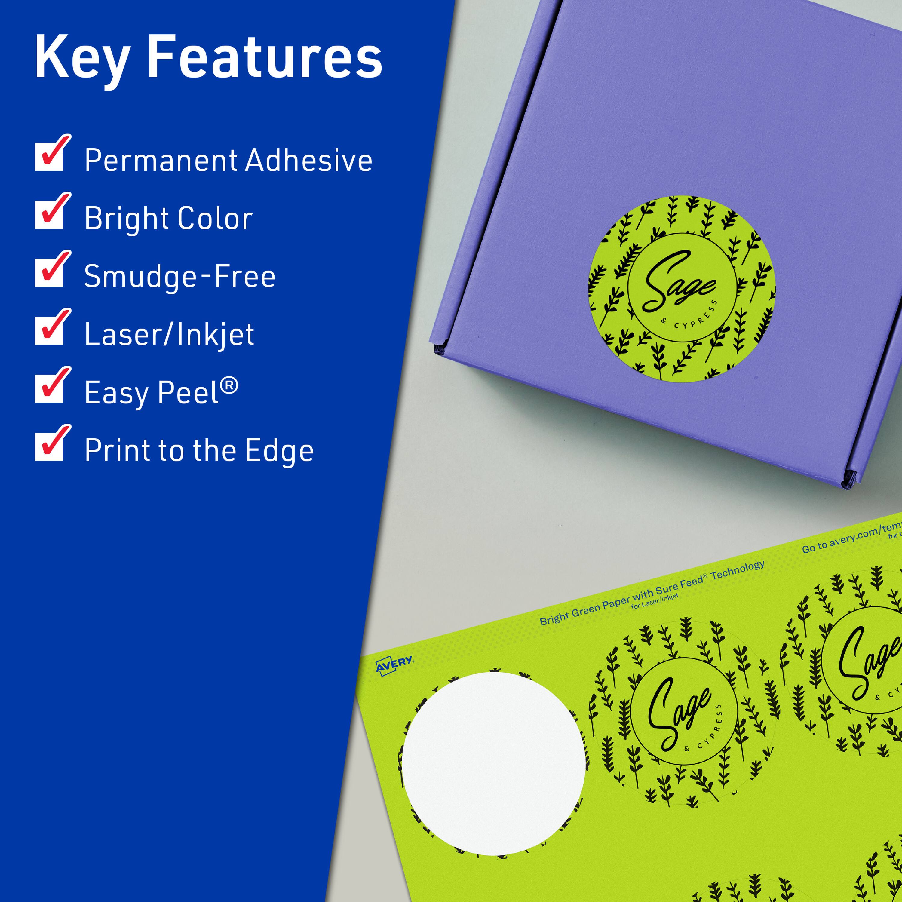 Key Features

- Permanent Adhesive
- Bright Color
- Smudge-Free
- Laser/Inkjet
- Easy Peel®
- Print to the Edge

Sage CYPRESS

Bright Green Paper with Sure Feed® Technology

Go to avery.com/tem