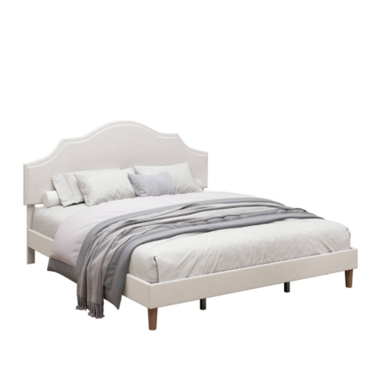 Back. LUCKY ONE - King Size Platform Bed with Adjustable Headboard - No Box Spring Needed, 1000 lbs Cap - White.