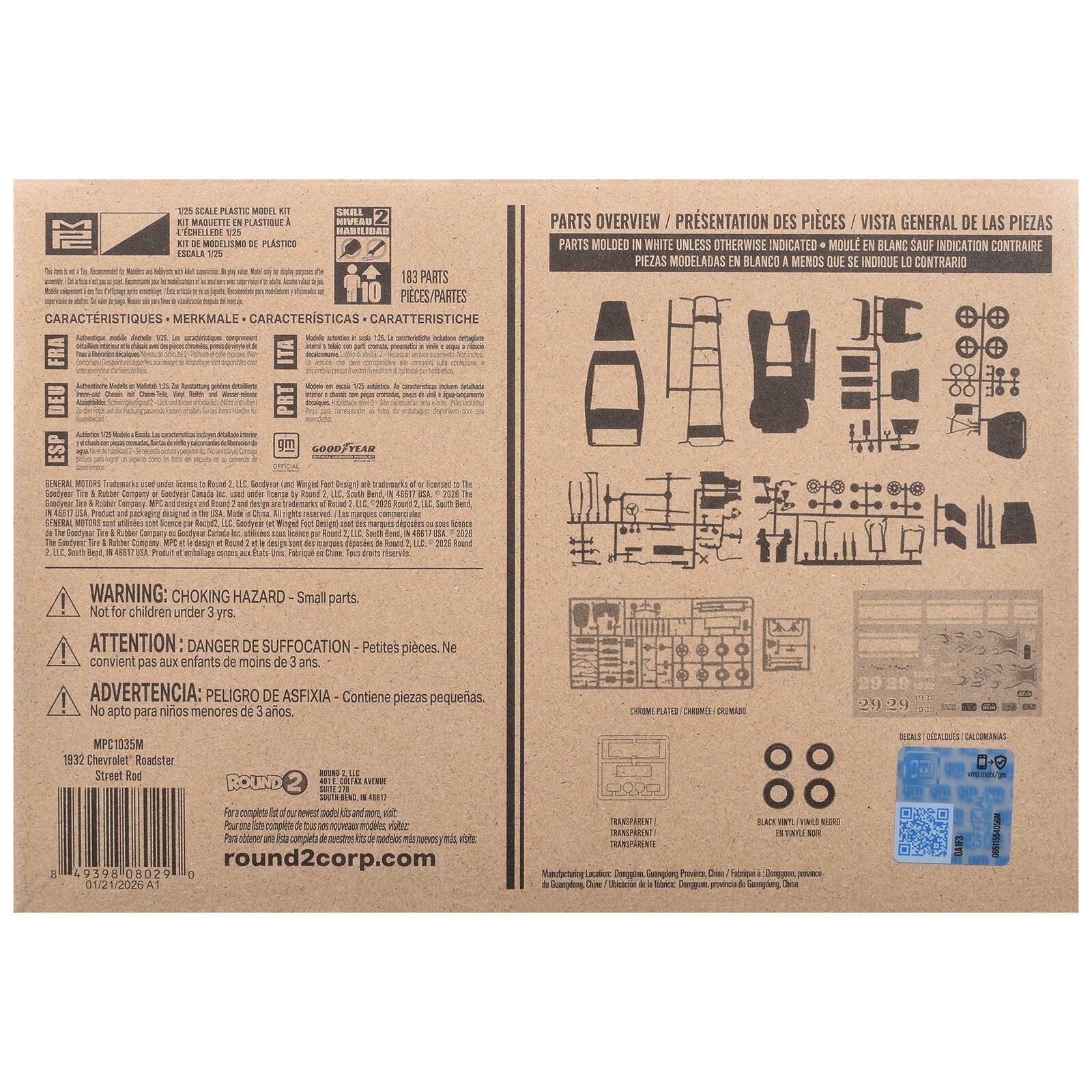 1/25 SCALE PLASTIC MODEL  
SKILL 15  
MADUETTE EN PLASTIQUE NIVEAU ML  
ECHELLE DE 25  
HABILIDAD DE MODELISMO DE PLASTICO  
ESCALA 1/25  
83 PARTS  

CARACTERISTIQUES - MERKMALE - CARACTERISTICAS - CARATTERISTICHE  

AUTHENTIQUE  
FRA  
ACE  
IT  
ME-PC  
DEU  
IT  
FOR  
ESP  
GM  
USED  
ICANCE  
GOODYEAR  
AND  
ANT  
DESIGN  
ICENSED  
SPIODYEAR  
TRE  
RUBBER  
COMPANY  
CANADA  
CENSE  

PARTS OVERVIEW / PRESENTATION DES PIECES / VISTA GENERAL DE LAS PIEZAS  
PARTS MOLDED IN WHITE UNLESS OTHERWISE INDICATED / MOULE EN BLANC SAUF INDICATION CONTRAIRE / PIEZAS MODELADAS EN BLANCO A MENOS QUE SE INDIQUE LO CONTRARIO  

GENERAL  
and copt  
designed cence  
Roctant2, LLC.  
Goodyear Canada MPC design 5 coopus 125  

