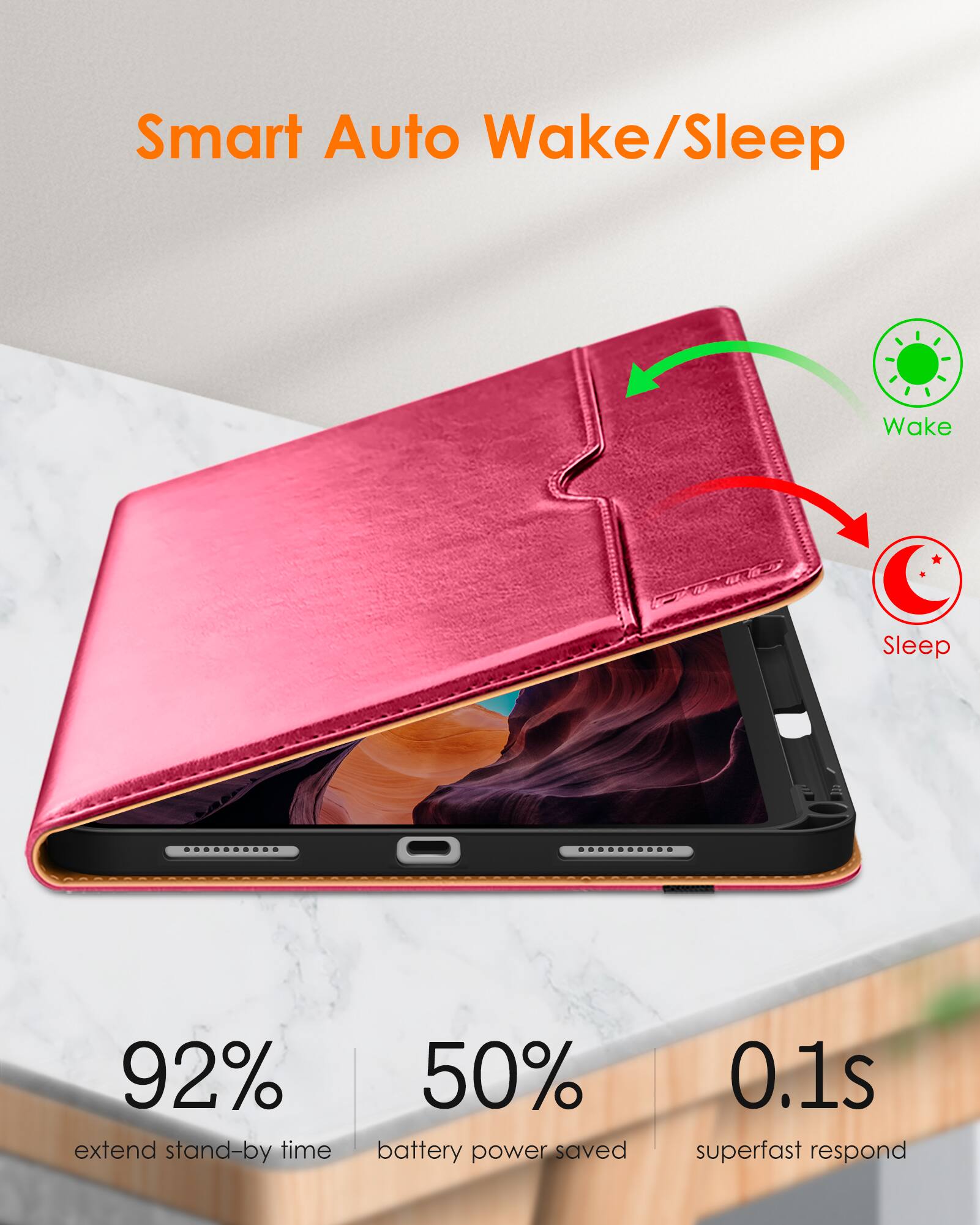 Smart Auto Wake/Sleep

- 92% extend stand-by time
- 50% battery power saved
- 0.1s superfast respond

Wake
Sleep