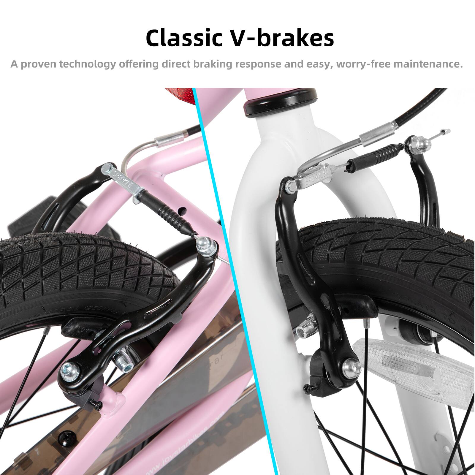 Classic V-brakes  
A proven technology offering direct braking response and easy, worry-free maintenance.  
www.joystarbikes.com