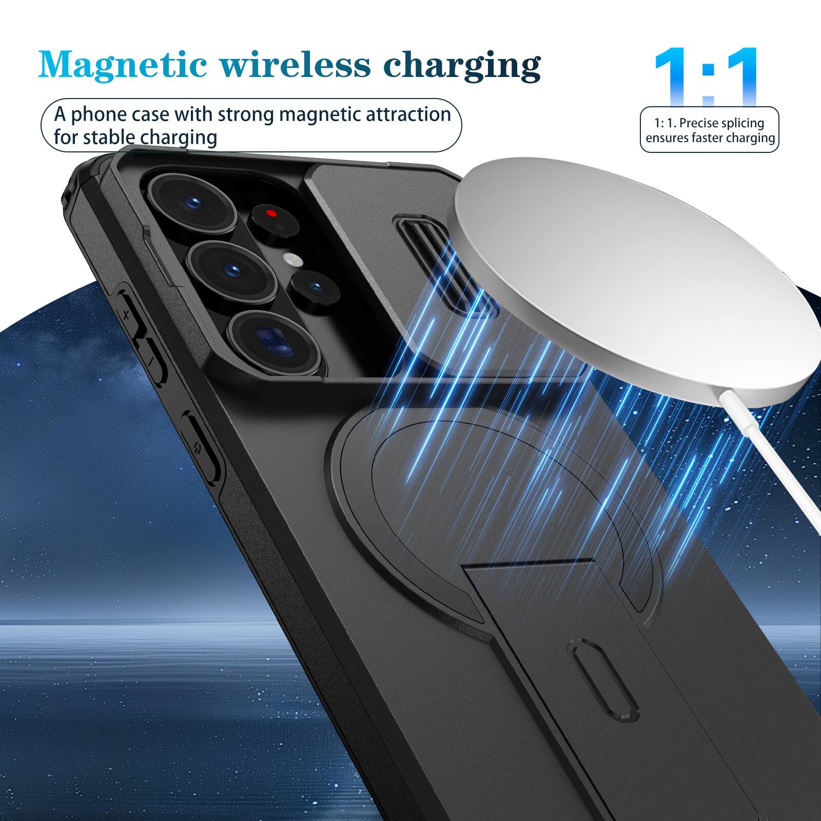 Magnetic wireless charging

A phone case with strong magnetic attraction for stable charging

1:1

1:1. Precise splicing ensures faster charging