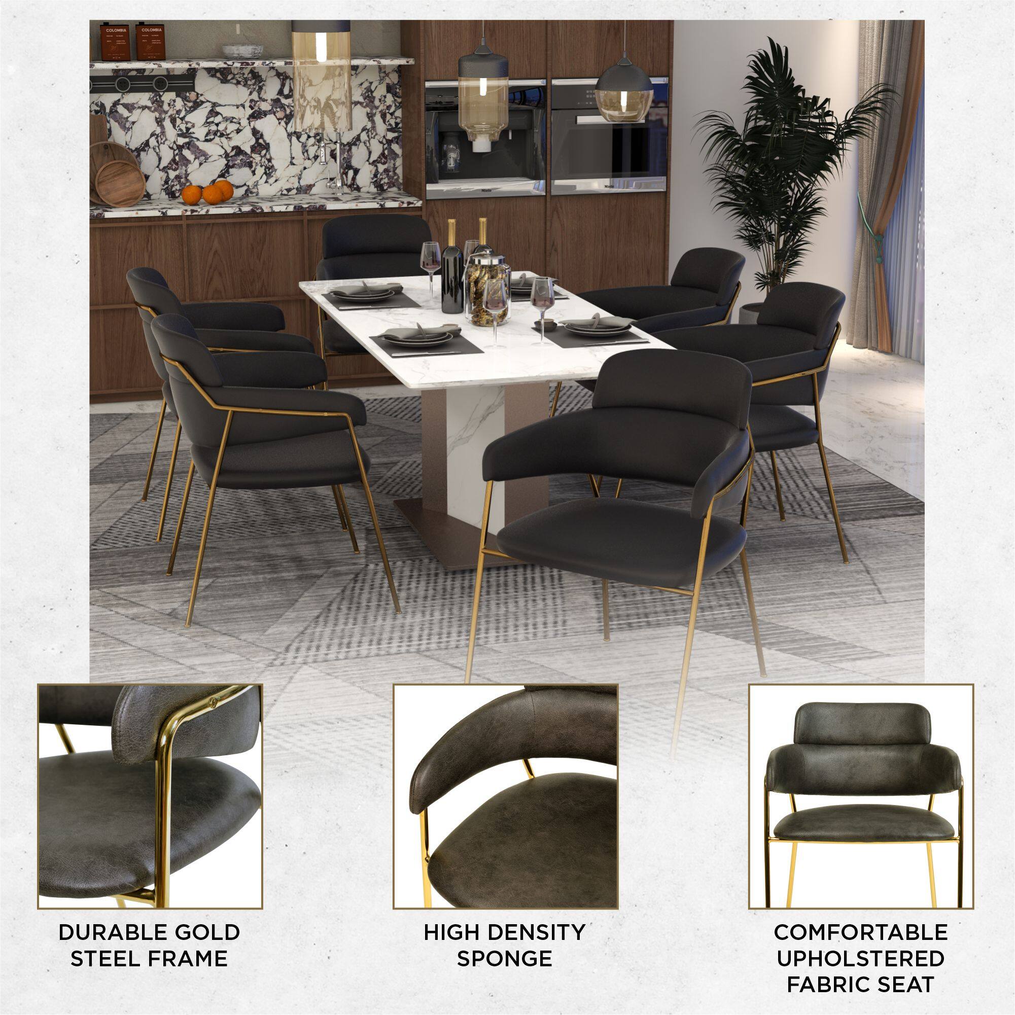 DURABLE GOLD STEEL FRAME  
HIGH DENSITY SPONGE  
COMFORTABLE UPHOLSTERED FABRIC SEAT