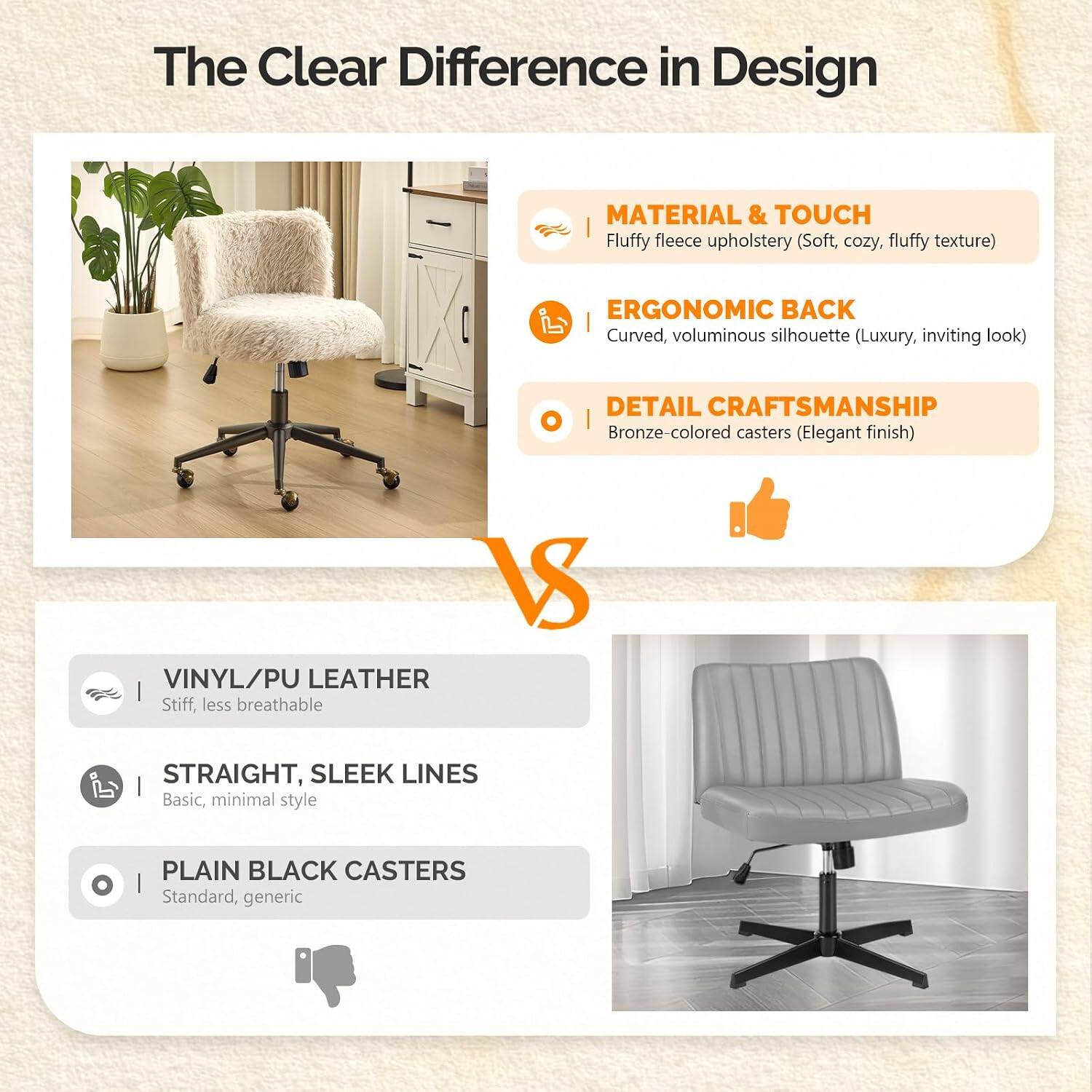 The Clear Difference in Design

MATERIAL & TOUCH
Fluffy fleece upholstery (Soft, cozy, fluffy texture)

ERGONOMIC BACK
Curved, voluminous silhouette (Luxury, inviting look)

DETAIL CRAFTSMANSHIP
Bronze-colored casters (Elegant finish)

VS

VINYL/PU LEATHER
Stiff, less breathable

STRAIGHT, SLEEK LINES
Basic, minimal style

PLAIN BLACK CASTERS
Standard, generic