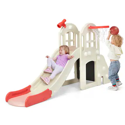 Front. Costway - Costway 6-In-1 Large Slide for Kids Toddler Climber Slide Playset w/ Basketball Hoop - Pink.
