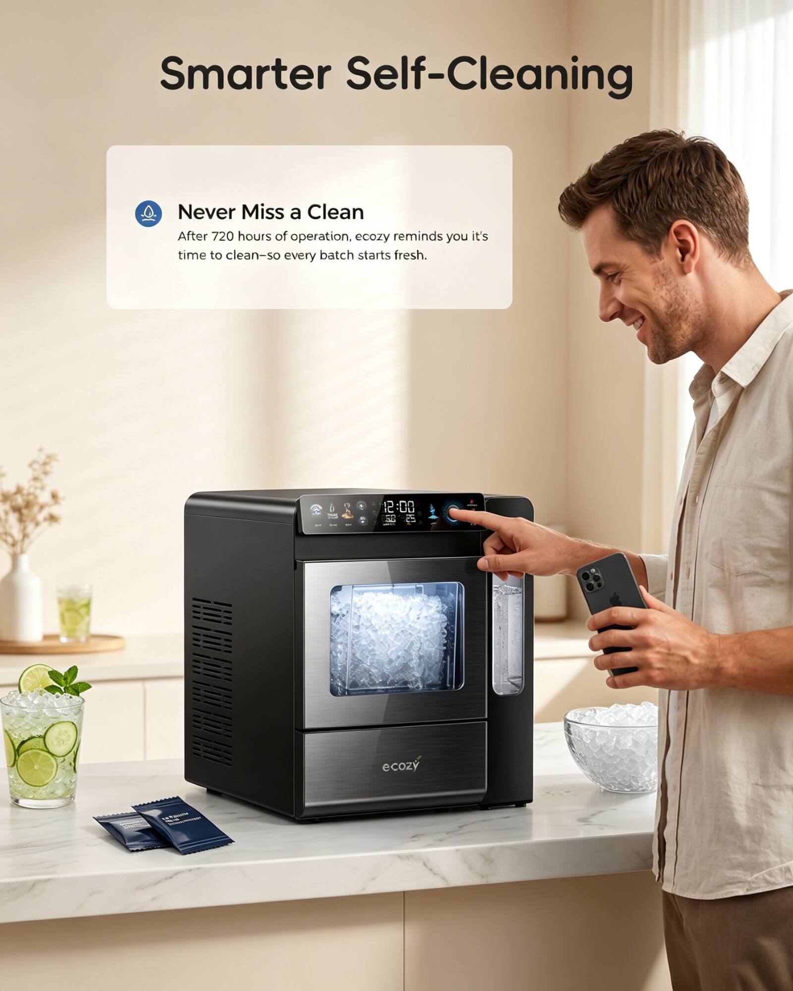 Smarter Self-Cleaning

Never Miss a Clean

After 720 hours of operation, ecozy reminds you it's time to clean—so every batch starts fresh.