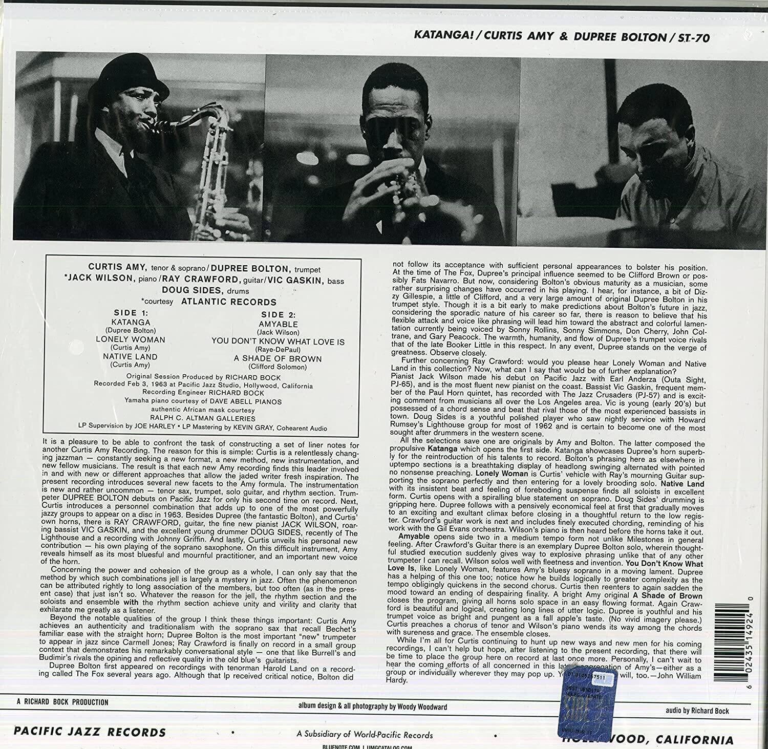 **KATANGA! / CURTIS AMY & DUPREE BOLTON / ST-70**

**Curtis Amy, tenor & soprano / Dupree Bolton, trumpet**  
**'Jack Wilson, piano / Ray Crawford, guitar / Vic Gaskin, bass / Doug Sides, drums**  
**courtesy ATLANTIC RECORDS**

**SIDE 1:**  
**KATANGA**  
**LO** (Curtis Amy)  
**NATIVE LAND**  
**LONELY WOMAN** (Curtis Amy)  

**SIDE 2:**  
**YOU DON'T KNOW WHAT LOVE IS** (Jack Wilson)  
**A SHADE OF BROWN** (Clifford Solomon)  

**Recorded Original Session Produced by RICHARD BOCK**  
**Recording Engineer RICHARD BOCK**  
**Yamaha piano courtesy of DAVE BEALL PIANOS**  
**Ralph C. Altman Galleries**  
**Los Angeles, California**

**It is a pleasure to be able to comment on another Curtis Amy Recording. The reason for this is simple. Curtis is a relentlessly changing, constantly seeking, and constantly evolving artist. He is a true jazzman, and his recordings are always fresh and new. This recording is no exception. It is a new approach, a new sound, a new style. The music is a new section, a new group, a new sound. The music is a new section, a new group, a new sound. The music is a new section, a new group, a new sound. The music is a new section, a new group, a new sound. The music is a new section, a new group, a new sound. The music is a new section, a new group, a new sound. The music is a new section, a new group, a new sound. The music is a new section, a new group, a new sound. The music is a new section, a new group, a new sound. The music is a new section, a new group, a new sound. The music is a new section, a new group, a new sound. The music is a new section, a new group, a new sound. The music is a new section, a new group, a new sound. The music is a new section, a new group, a new sound. The music is a new section, a new group, a new sound.