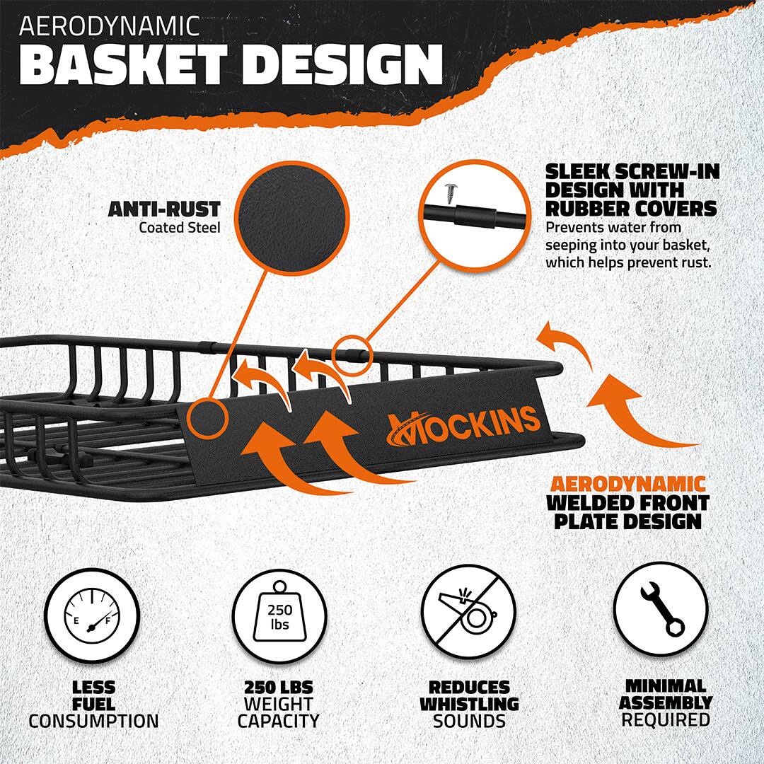 AERODYNAMIC BASKET DESIGN

- ANTI-RUST Coated Steel
- SLEEK SCREW-IN DESIGN WITH RUBBER COVERS Prevents water from seeping into your basket, which helps prevent rust.
- AERODYNAMIC WELDED FRONT PLATE DESIGN
- LESS FUEL CONSUMPTION
- 250 LBS WEIGHT CAPACITY
- REDUCES WHISTLING SOUNDS
- MINIMAL ASSEMBLY REQUIRED