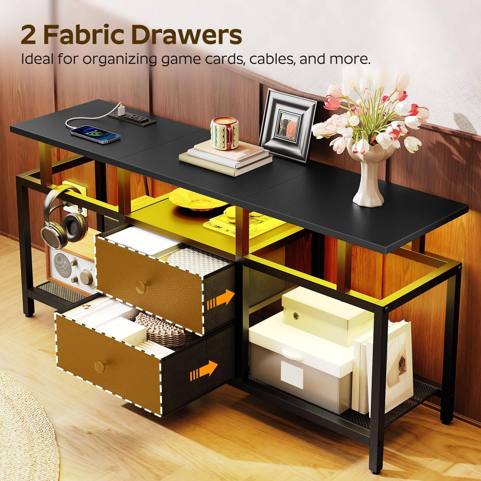 2 Fabric Drawers  
Ideal for organizing game cards, cables, and more.