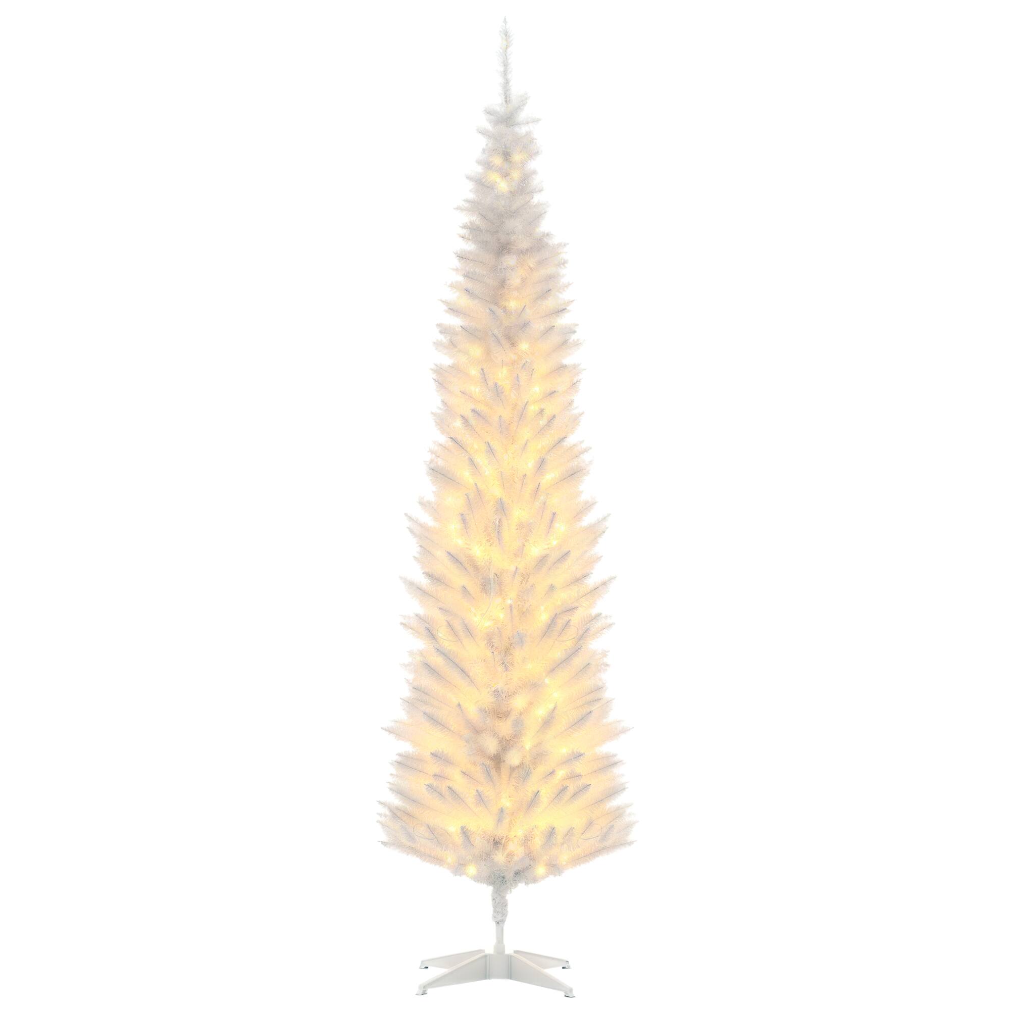 Homcom - Pre-Lit Slim Noble Fir Artificial Christmas Tree, 200 Warm LEDs, 499 Tips - White