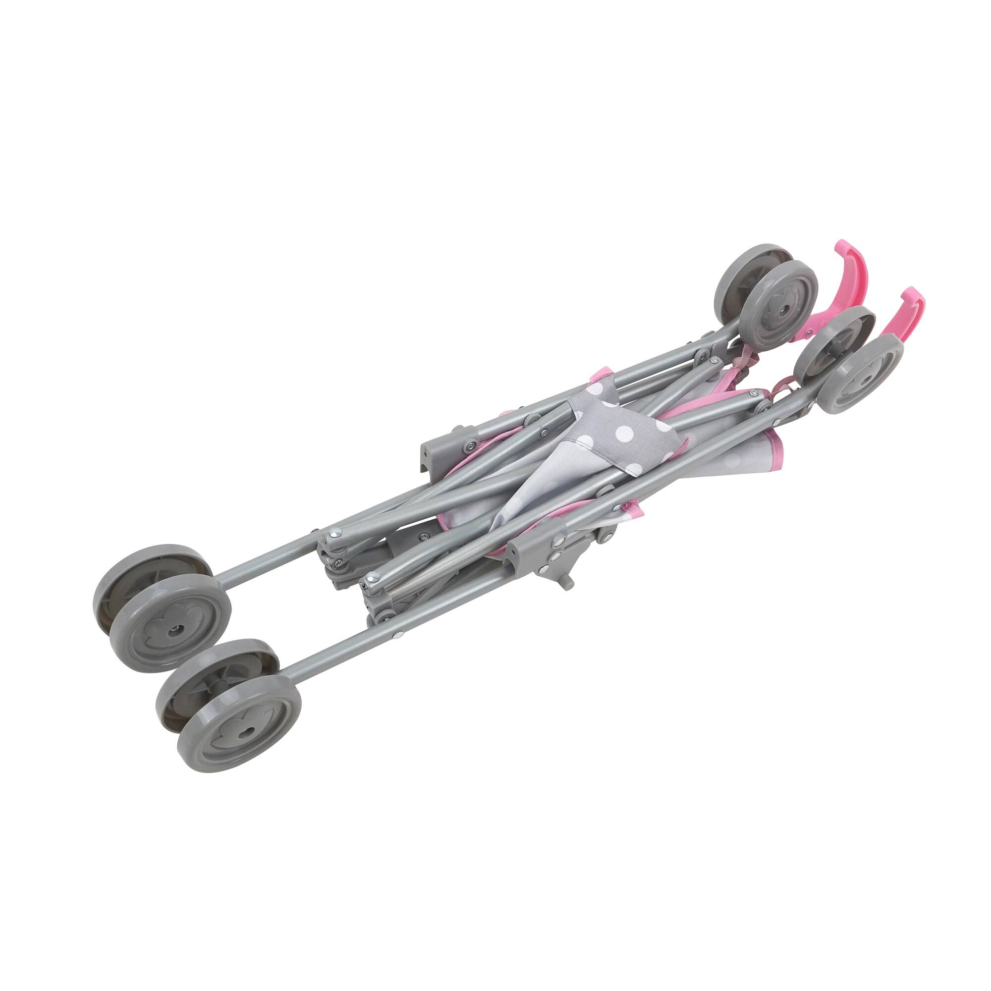 Angle. 509 Crew - 509 Crew - Cotton Candy Pink Umbrella Doll Stroller in Grey Polka Dots Fits Dolls to 24".