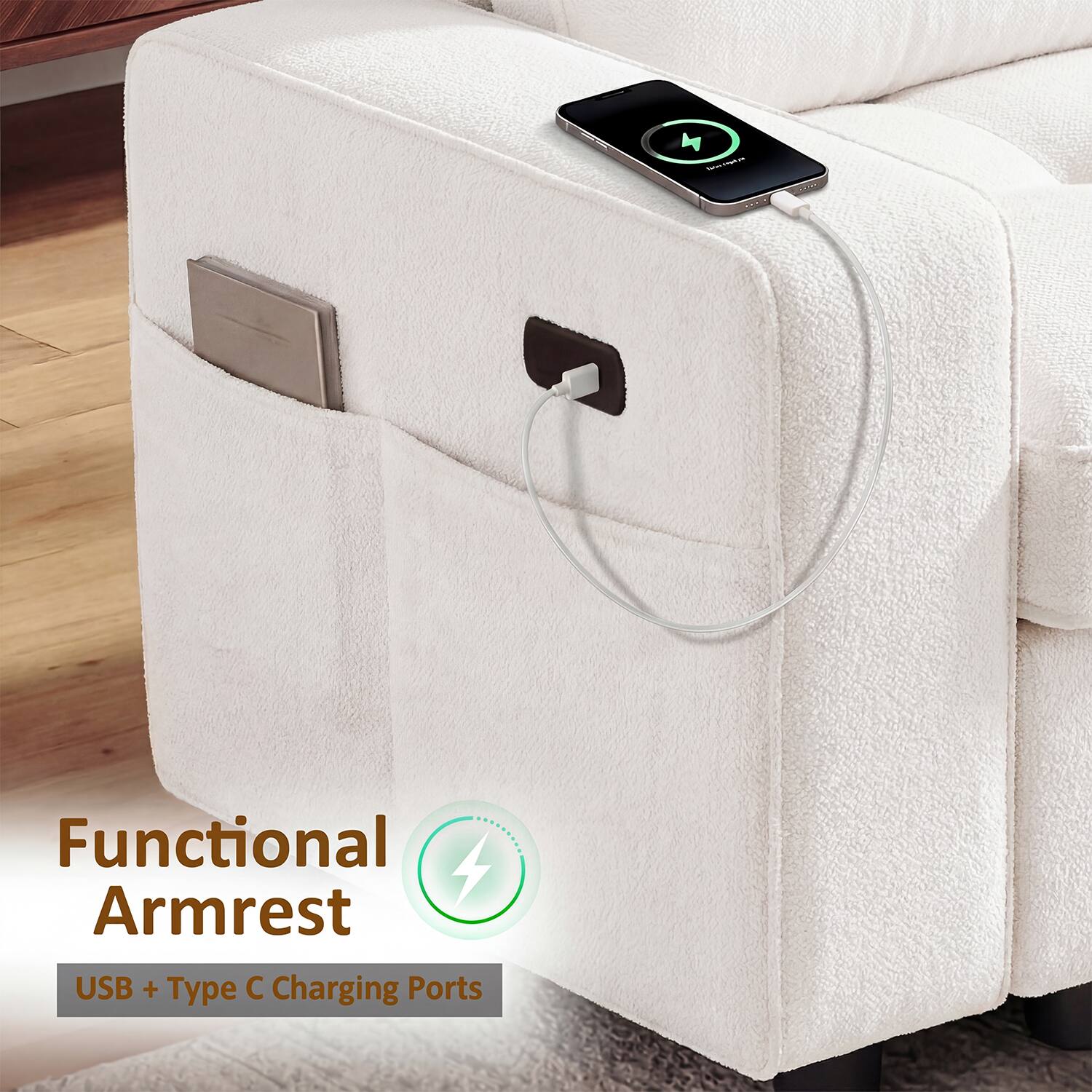 Functional Armrest  
USB + Type C Charging Ports
