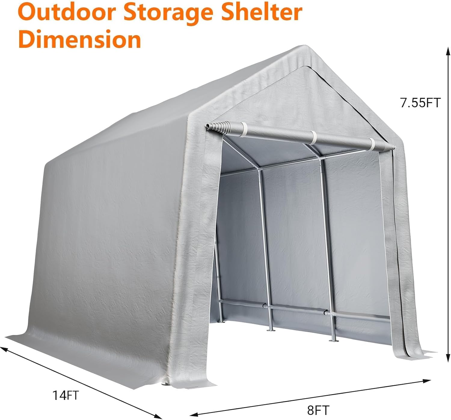 Outdoor Storage Shelter Dimension

- Length: 14FT
- Width: 8FT
- Height: 7.55FT
