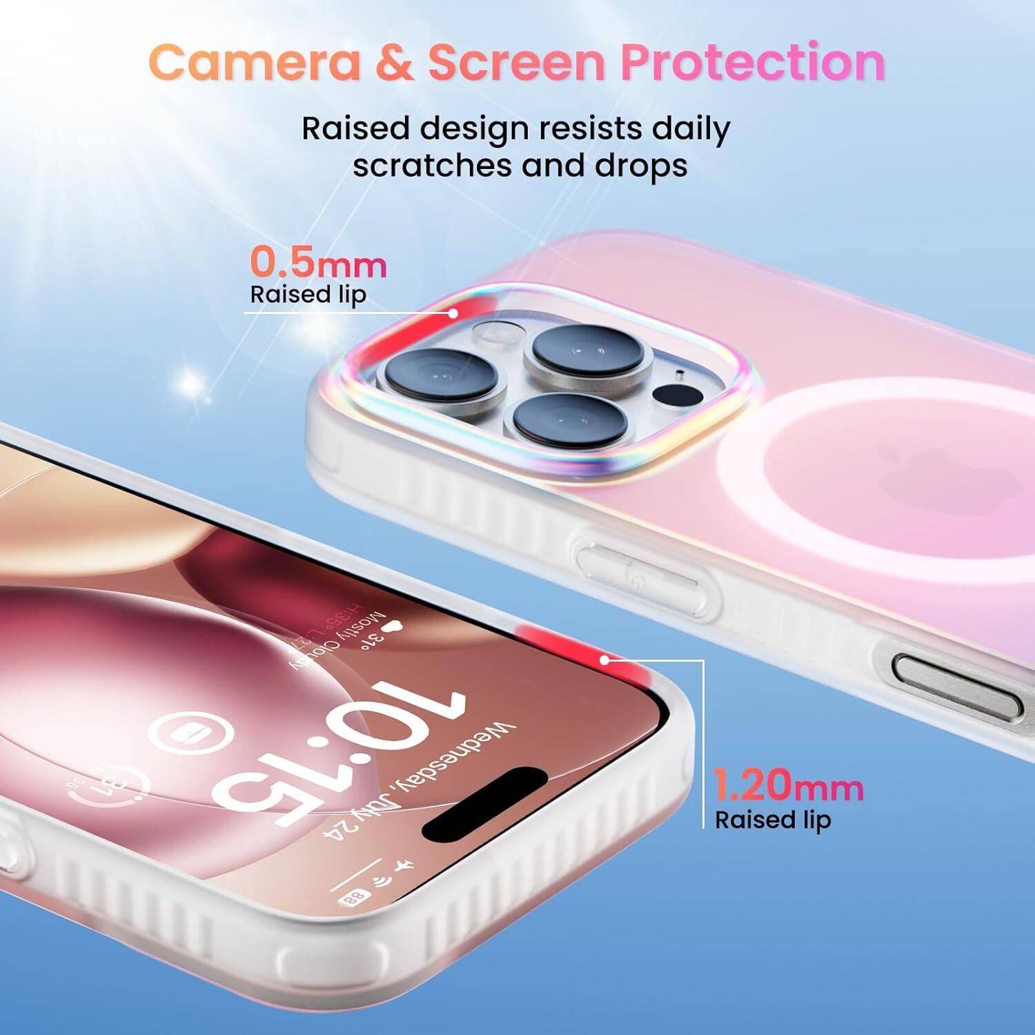 Camera & Screen Protection
Raised design resists daily scratches and drops
0.5mm Raised lip
1.20mm Raised lip