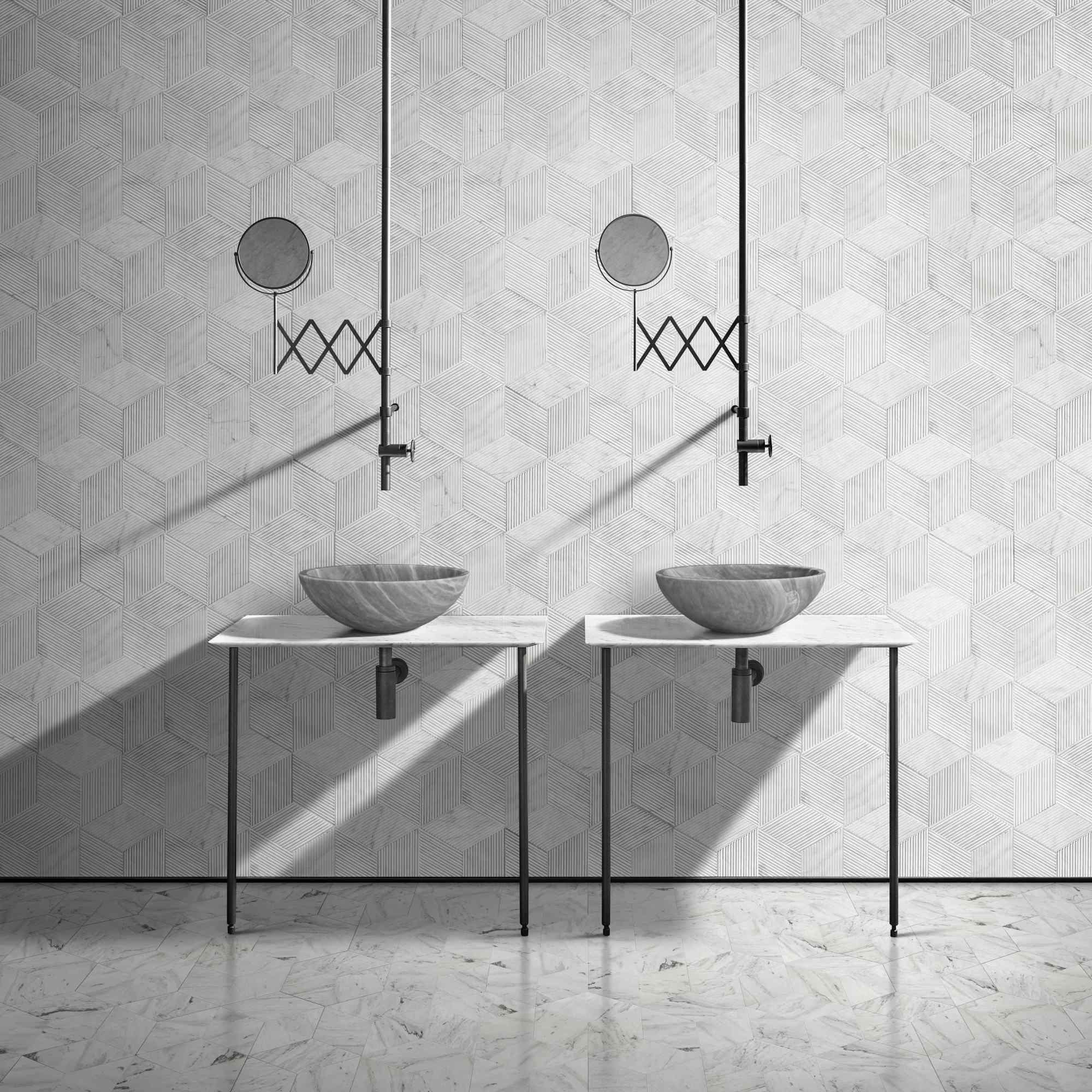 Left. ELEMENT ACE - Natural Marble Bathroom Vessel Sink with Semi-Polished Surface, Circular Design for Countertop Installation - Gray.