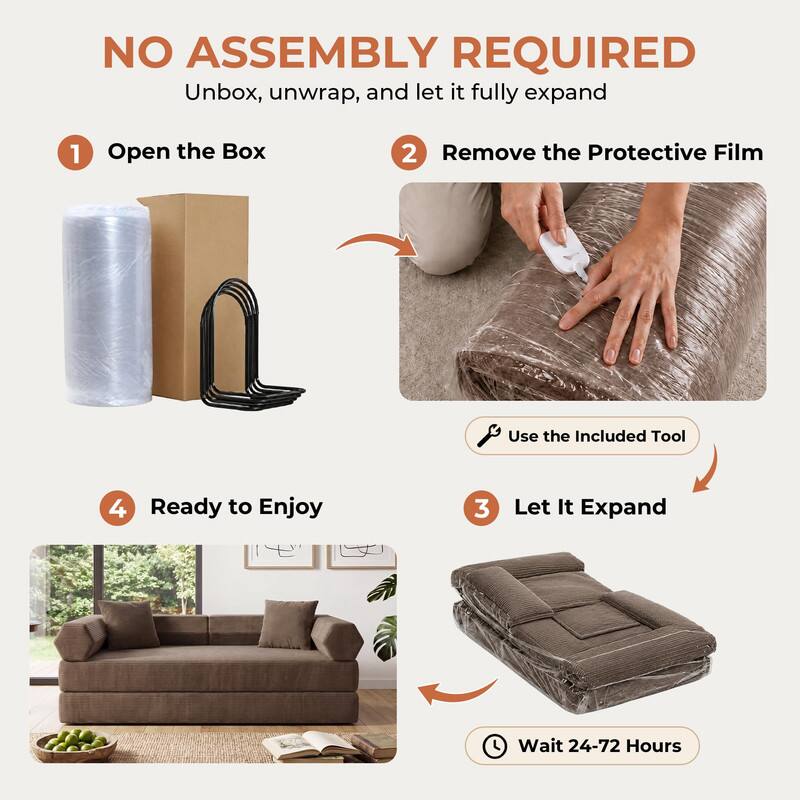 NO ASSEMBLY REQUIRED  
Unbox, unwrap, and let it fully expand

1. Open the Box
2. Remove the Protective Film
3. Let It Expand
4. Ready to Enjoy

Use the Included Tool  
Wait 24-72 Hours