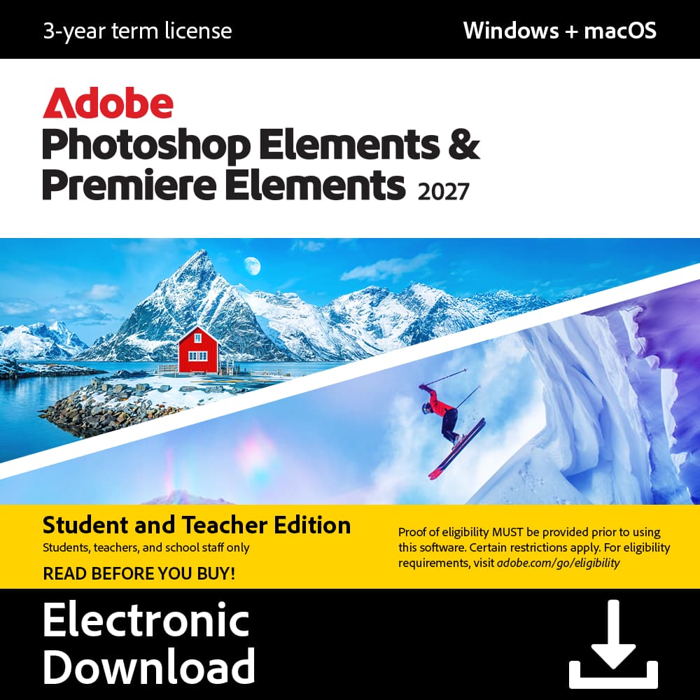 3-year term license  
Windows + macOS  
Adobe Photoshop Elements & Premiere Elements 2027  
Student and Teacher Edition  
Students, teachers, and school staff only  
READ BEFORE YOU BUY!  
Electronic Download  
Proof of eligibility MUST be provided prior to using this software. Certain restrictions apply. For eligibility requirements, visit adobe.com/go/eligibility