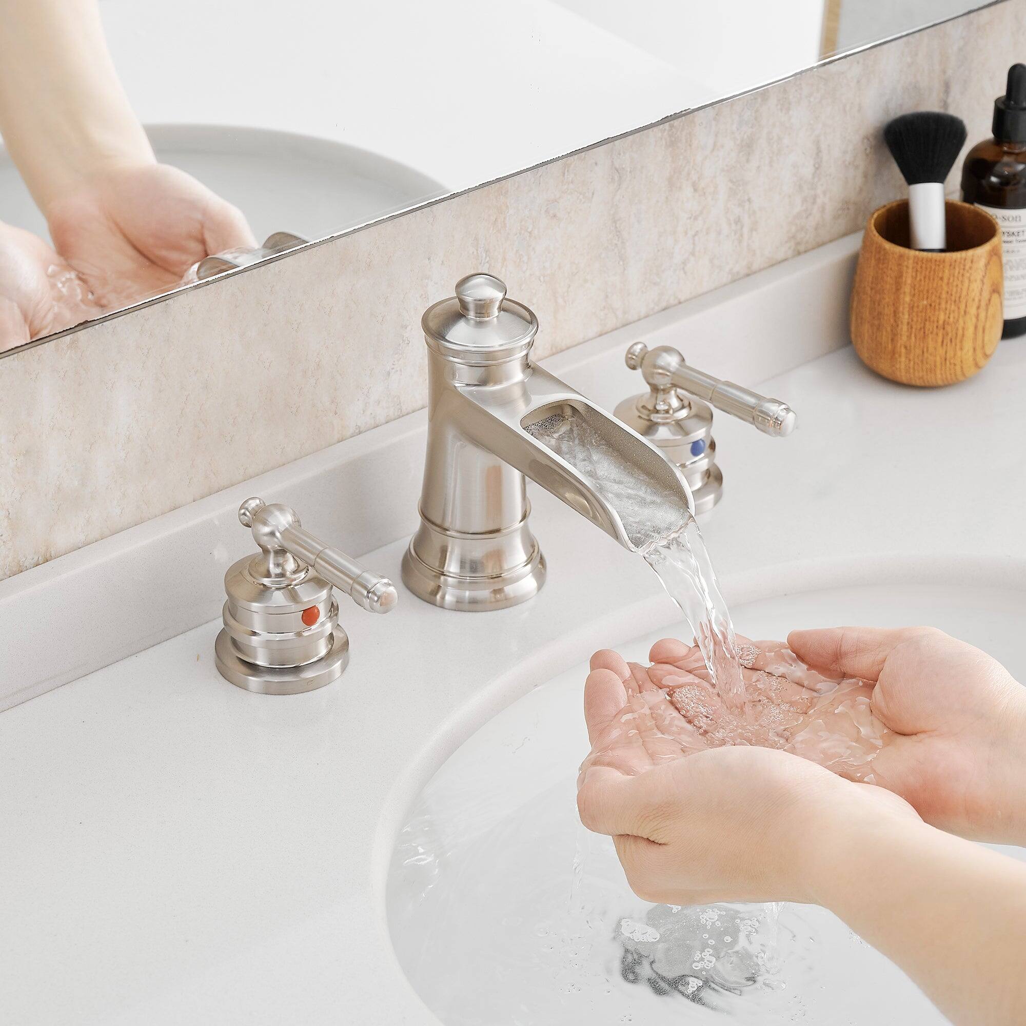 Alt View 4. Boyel Living - Classic 8 Inch Widespread Double Handle Brass Bathroom Faucet with Pop Up Drain and Water Supply Hoses in Brushed Nickel - Brushed Nickel.