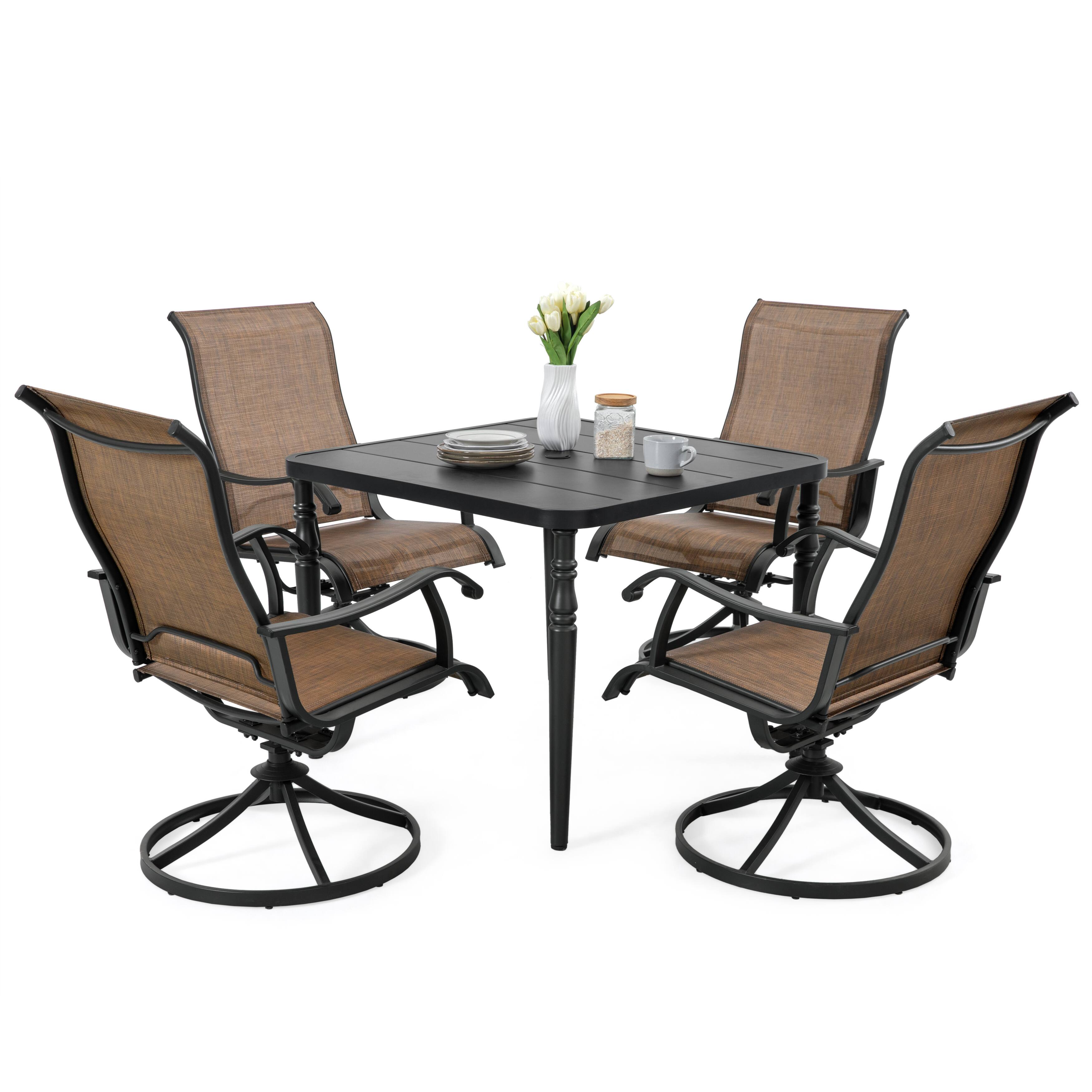 Alt View 7. Nuu Garden - Patio 5PCS Metal Textilene Dining Set with Umbrella Hole and Swivel Chairs - Brown and Black.