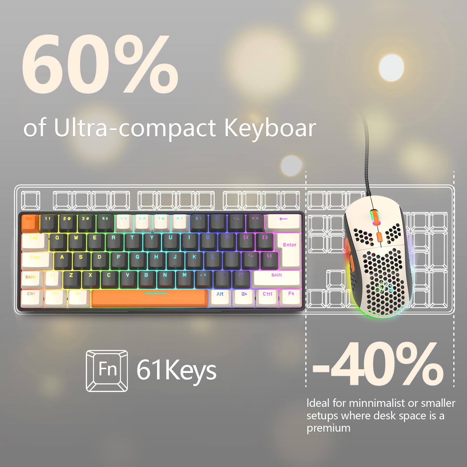 60% of Ultra-compact Keyboard

61Keys

-40% Ideal for minimalist or smaller setups where desk space is a premium