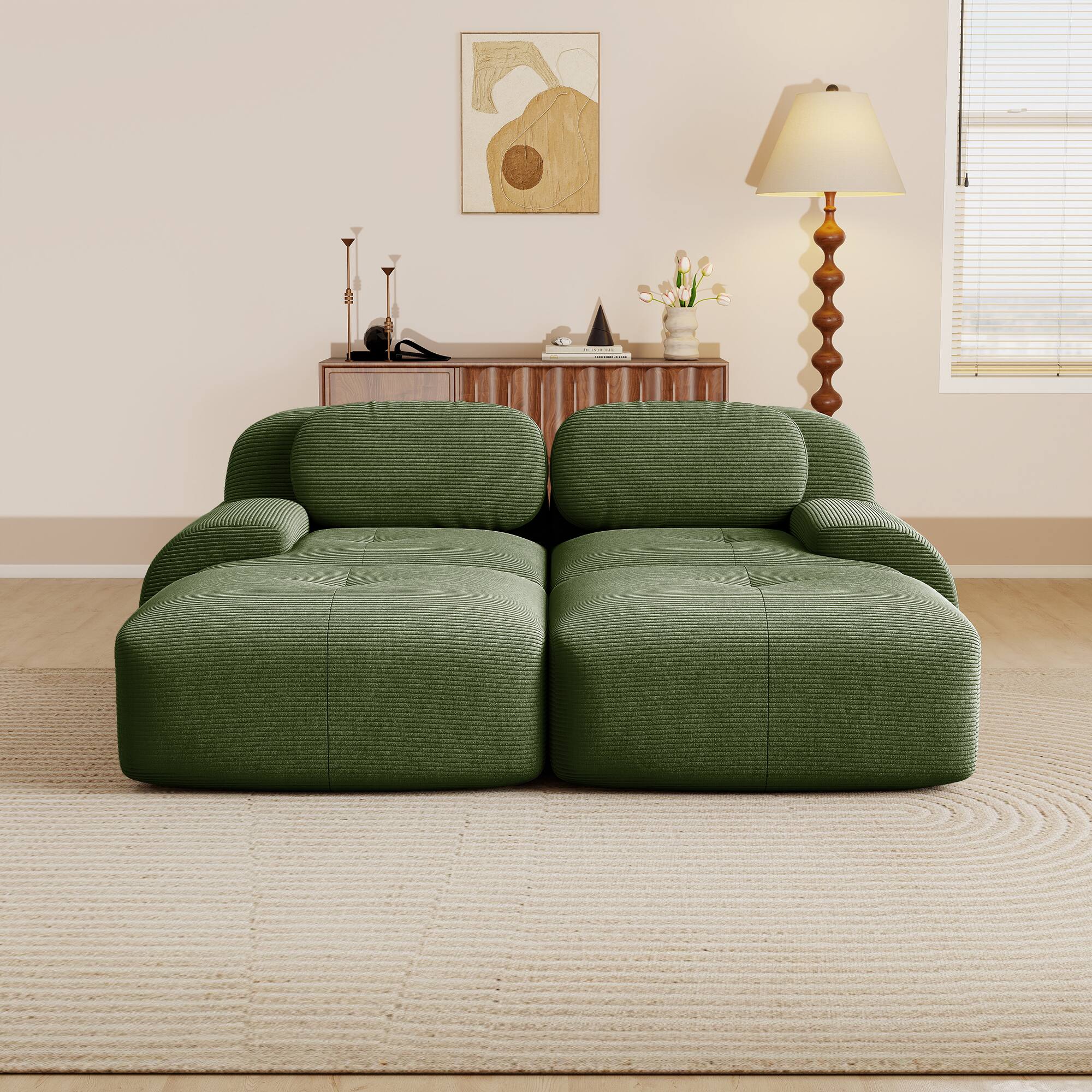 Angle. Aukfa - 2 Seats + 2 Ottoman Modular Corduroy Sectional Sofa - Ergonomic Support, Pet Friendly, Easy Assembly, Non-Slip Base - Green.
