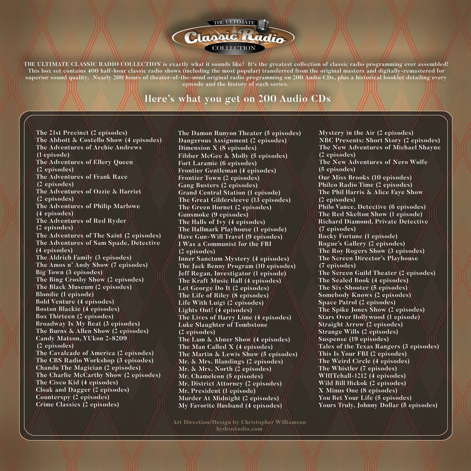 **The Ultimate Classic Radio Collection**

**The Ultimate Classic Radio Collection** is exactly what it sounds like: the greatest collection of classic radio programming ever assembled! This box set contains 400 half-hour classic radio shows (including the most popular) transferred from the original masters and digitally remastered for superior sound quality. Nearly 200 hours of theater-of-the-mind original radio programming on 200 Audio CDs, plus a historical booklet detailing every episode and the history of each series.

Here's what you get on 200 Audio CDs:

**The 21st Precinct (2 episodes)**
- The Abbott & Costello Show (4 episodes)
- The Adventures of Archie Andrews (2 episodes)
- The Adventures of Ellery Queen (2 episodes)
- The Adventures of Frank Race (2 episodes)
- The Adventures of Ozzie & Harriet (2 episodes)
- The Adventures of Philip Marlowe (2 episodes)
- The Adventures of Red Ryder (2 episodes)
- The Adventures of the Saint (2 episodes)
- The Adventures of Sam Spade (2 episodes)
- The Adventures of the Great Gildersleeve (2 episodes)
- The Adventures of the Green Hornet (2 episodes)
- The Adventures