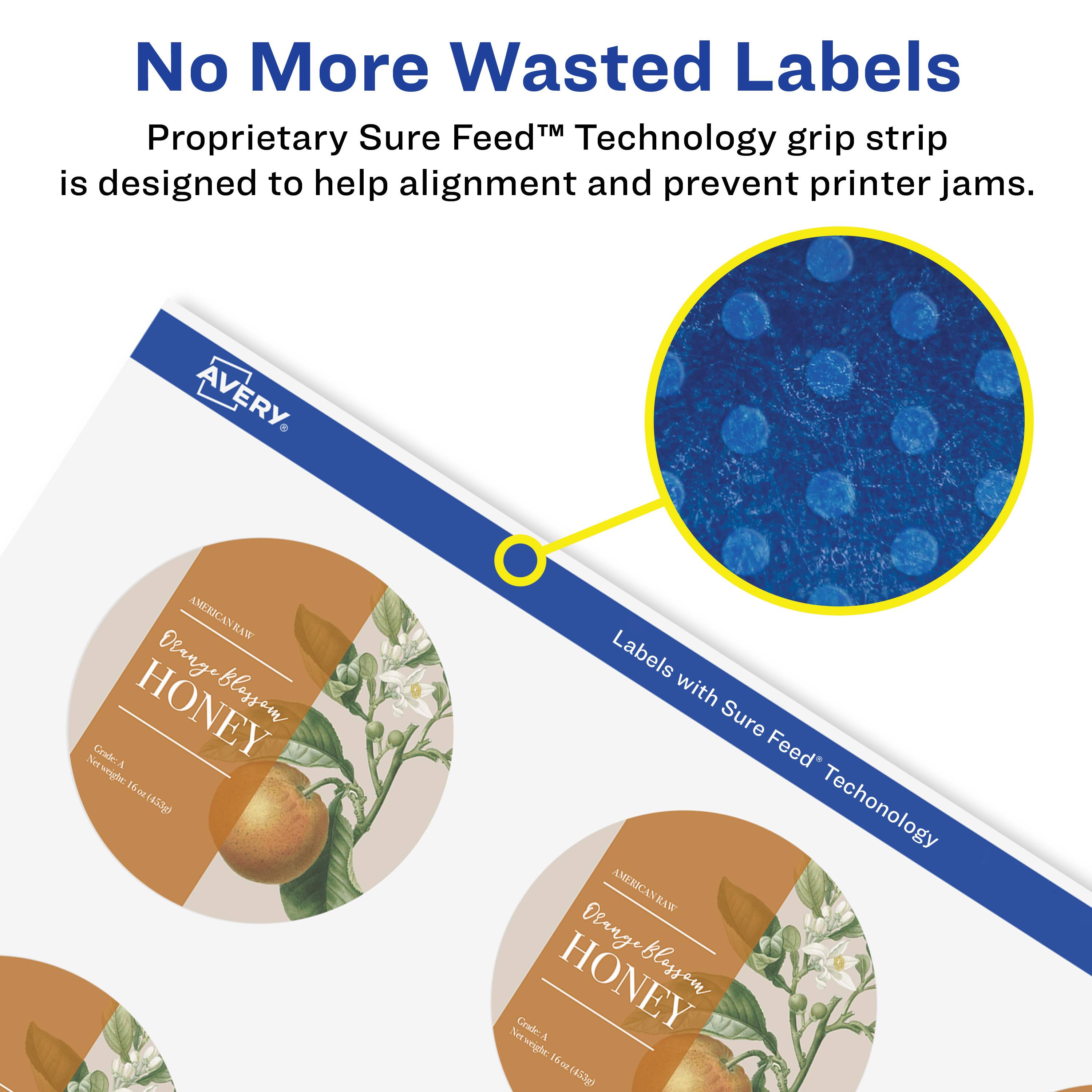 No More Wasted Labels  
Proprietary Sure Feed™ Technology grip strip is designed to help alignment and prevent printer jams.  

AVERY AMERICA RAW Orange HONEY blossom Net GrakA A wripht 1600 Labels with Sure Feed™ Technology  
AMERICAN RAW Orange HONEY Blossom Se Grade: i Netweight 16-c2 3g