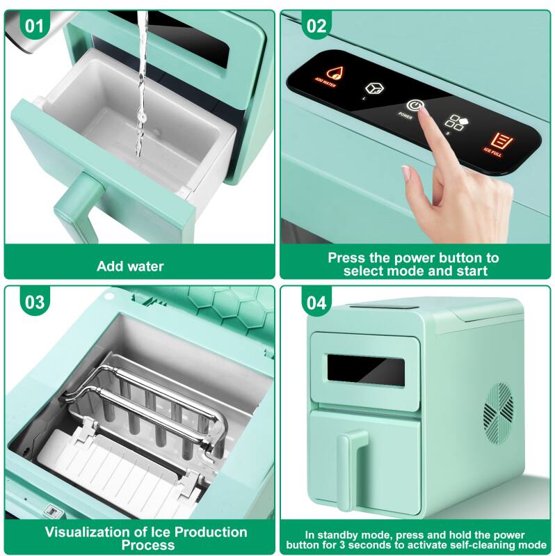 01 Add water

02 Press the power button to select mode and start

03 Visualization of Ice Production Process

04 In standby mode, press and hold the power button for 3 seconds to activate self-cleaning mode