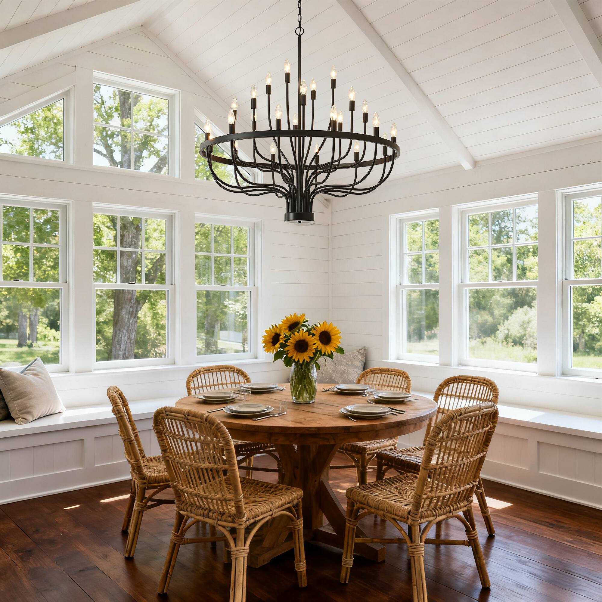 Angle. RYHNUYNE - 24-Light Farmhouse Foyer Chandelier Entryway High Ceiling 39.3 Inch Modern Black Chandelier for Hallway Living Room - Black.