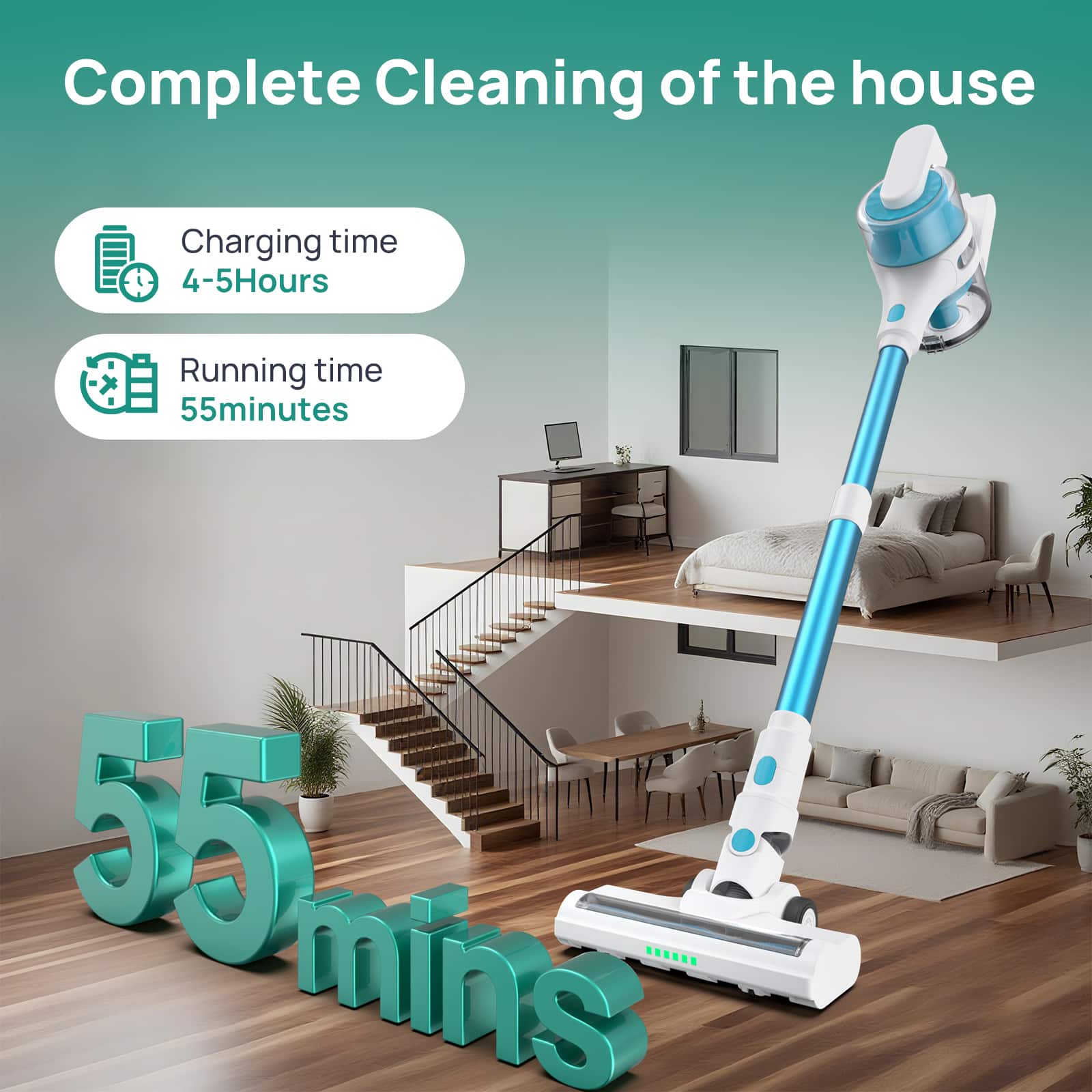 Complete Cleaning of the house
Charging time: 4-5 Hours
Running time: 55 minutes
55 mins