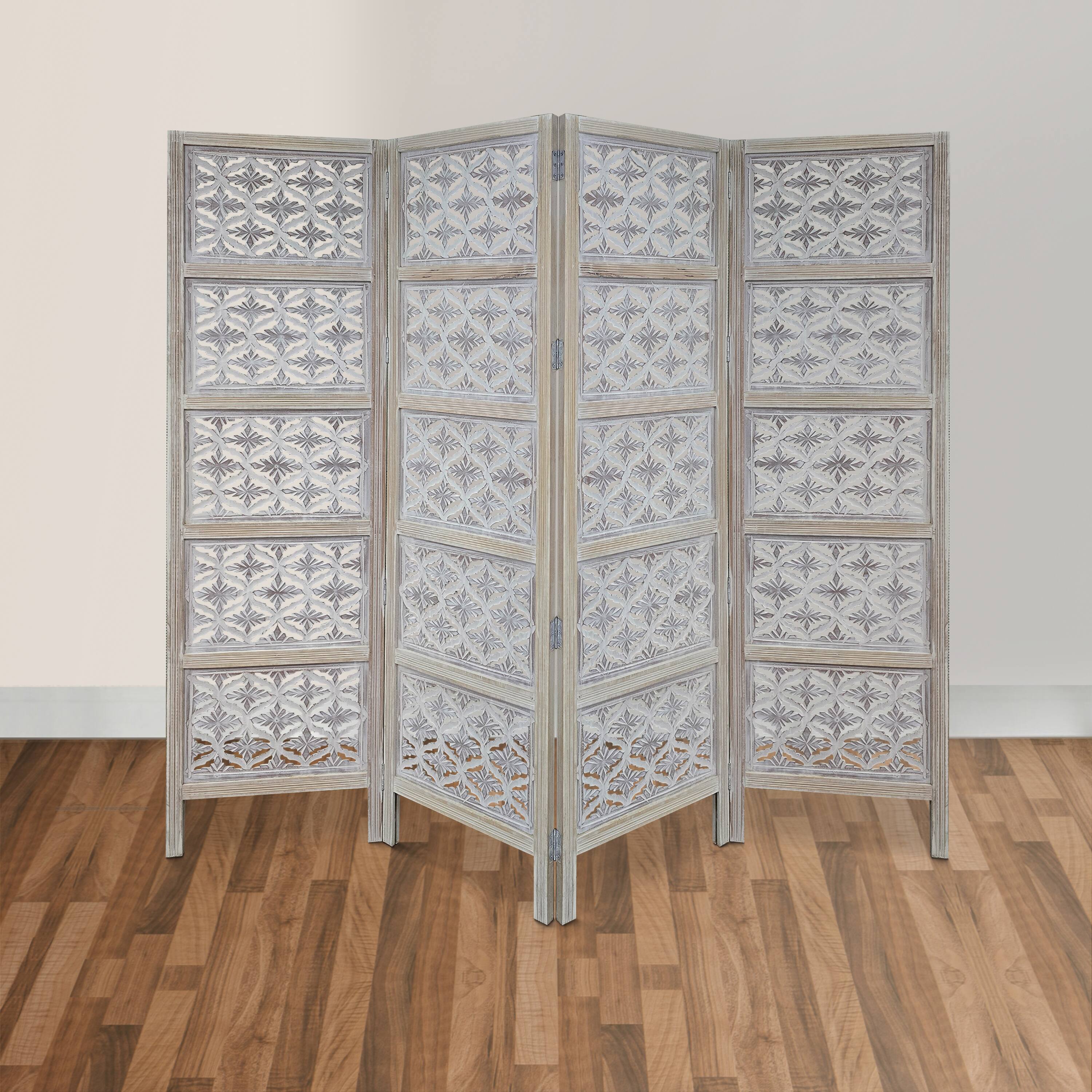 Alt View 8. Manhattan Lane - Taj 4 Panel Folding Room Divider Screen, Antique White Mango Wood, Floral Carved Design - White.