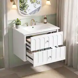 Whisen - 30" Floating Bathroom Vanity Cabinet with Sink Soft-Close Drawer Slides and Oval Knobs - White