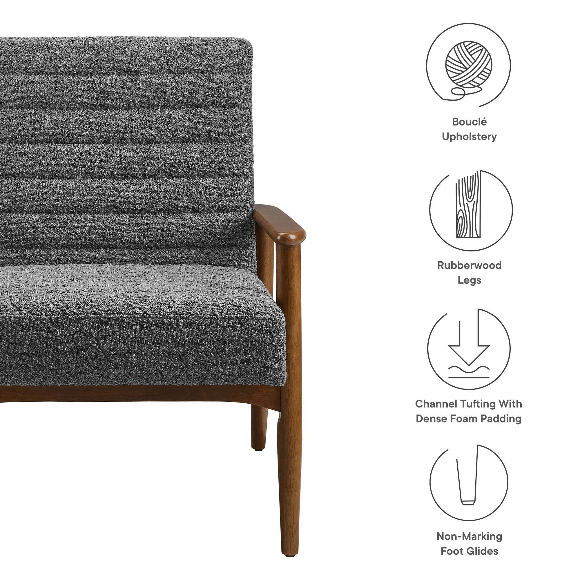 - Bouclé Upholstery
- Rubberwood Legs
- Channel Tufting With Dense Foam Padding
- Non-Marking Foot Glides