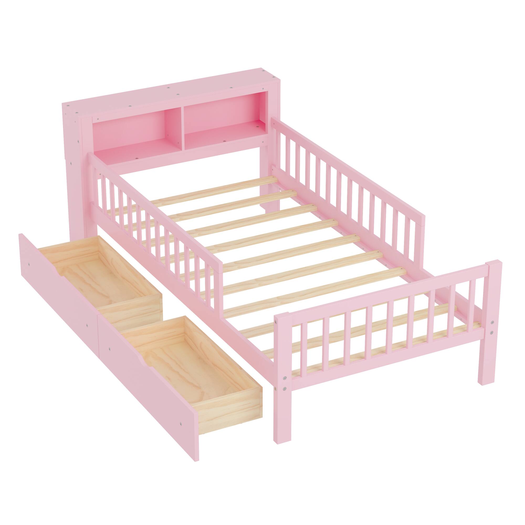Alt View 6. GOODSILO - Twin Size Bed with Headboard Storage and Under-Bed Drawers Featuring Safety Guardrails - Pink.