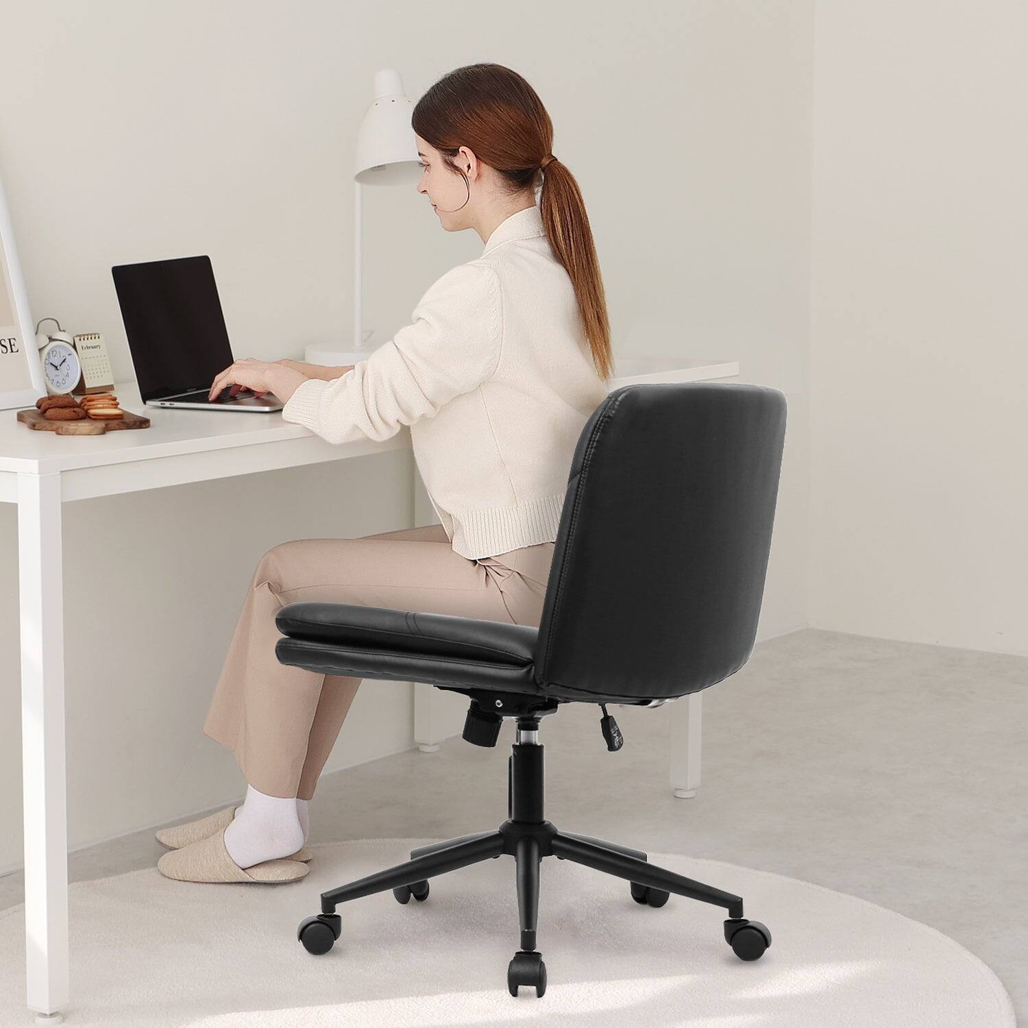 Back. Neo Chair - Criss Cross Chair with Wheels, Armless Cross-Legged Office Desk Chair, PU Leather Rolling Vanity Chair for Home Office - Leather-Black.