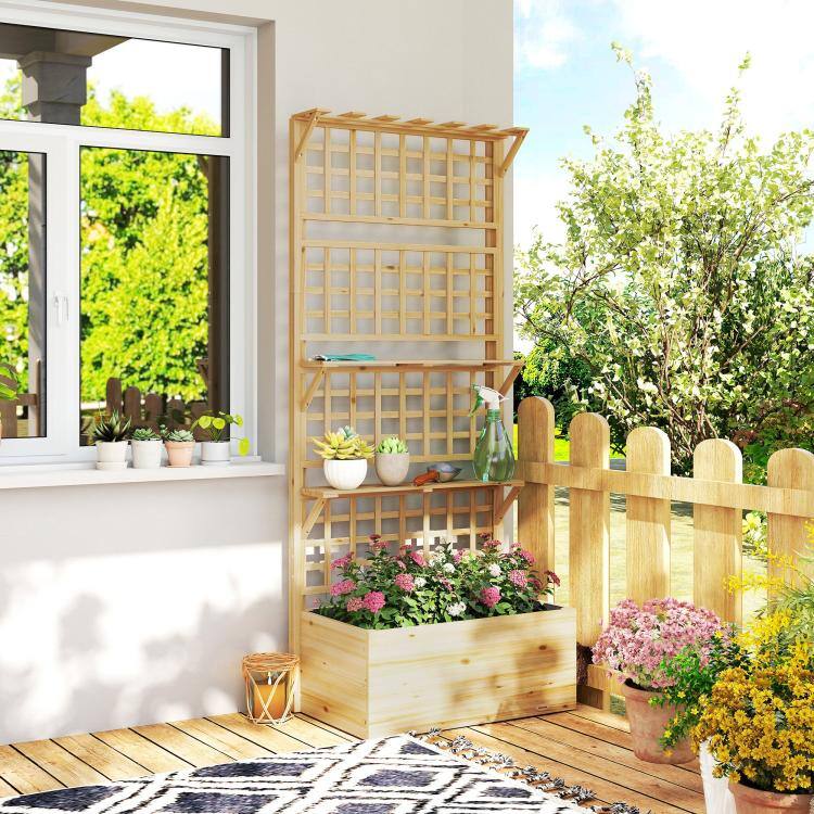 Alt View 2. PULUZ - Wooden Raised Garden Bed with Trellis and Roof, Elevated Planter Box with 2 Shelves, Drainage Hole and Liner - Natural.