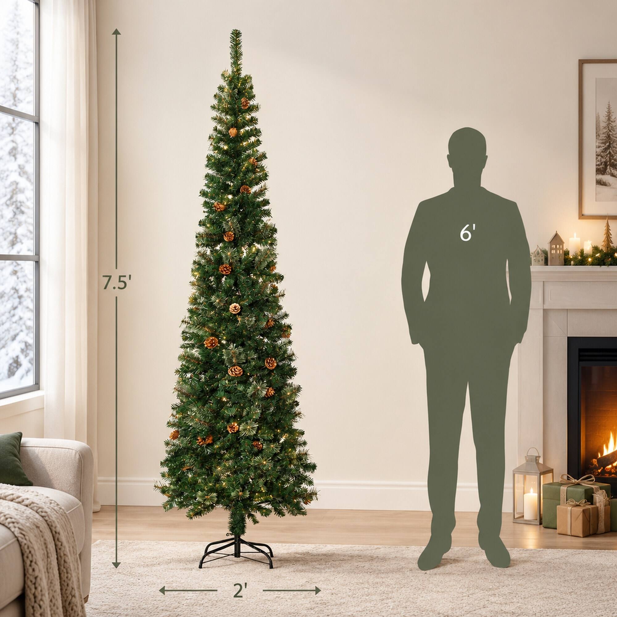 Alt View 3. RYHNUYNE - 7.5 Ft Slim Pencil Green Artificial Christmas Tree With Realistic Pine Needle Branches, Pine Cones Metal Base Decor - Green.