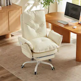 Bestier - Cross Legged Executive Office Chair, Velvet Ergonomic Desk Chair with Flip-Up Arms, Retractable Footrest & Side Pockets - Milk White PU Leather