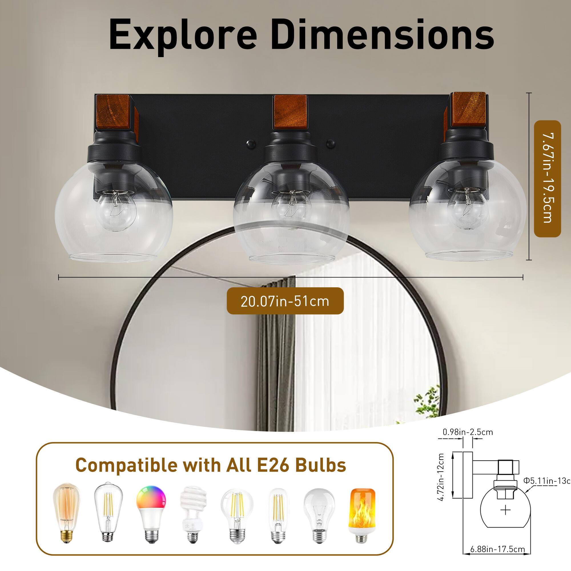 Explore Dimensions  
7.67in-19.5cm  
20.07in-51cm  

Compatible with All E26 Bulbs  
0.98in-2.5cm  
4.72in-12cm  
5.11in-13cm  
6.88in-17.5cm