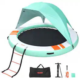 VEVOR - Inflatable Floating Dock, 8 FT Round Inflatable Dock Platform, Non-Slip Water Floating Mat with Portable Carrying Bag - White + Blue + Orange