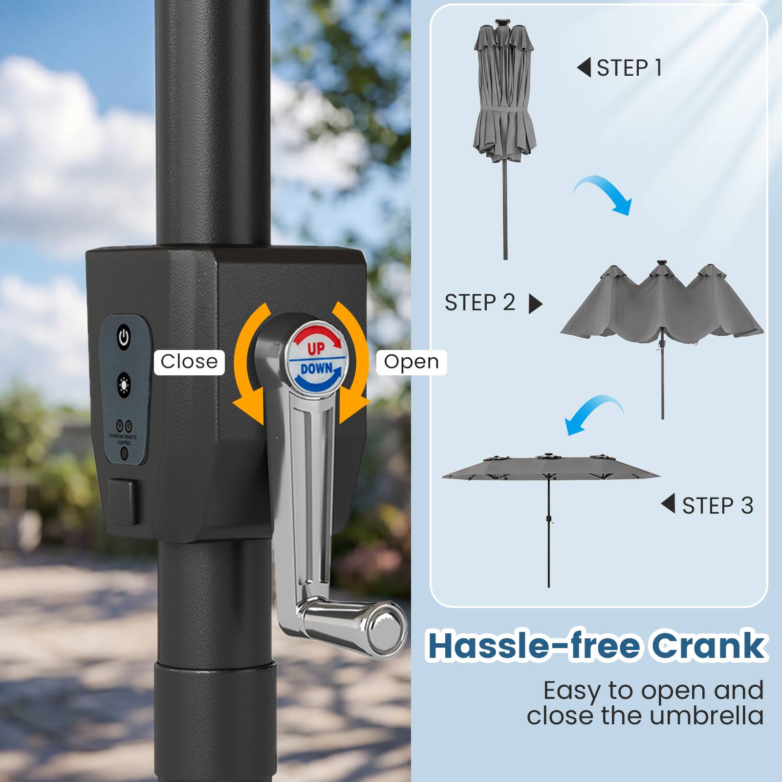 STEP 1  
STEP 2  
Close UP DOWN, Open PN .  
- STEP 3  
Hassle-free Crank  
Easy to open and close the umbrella