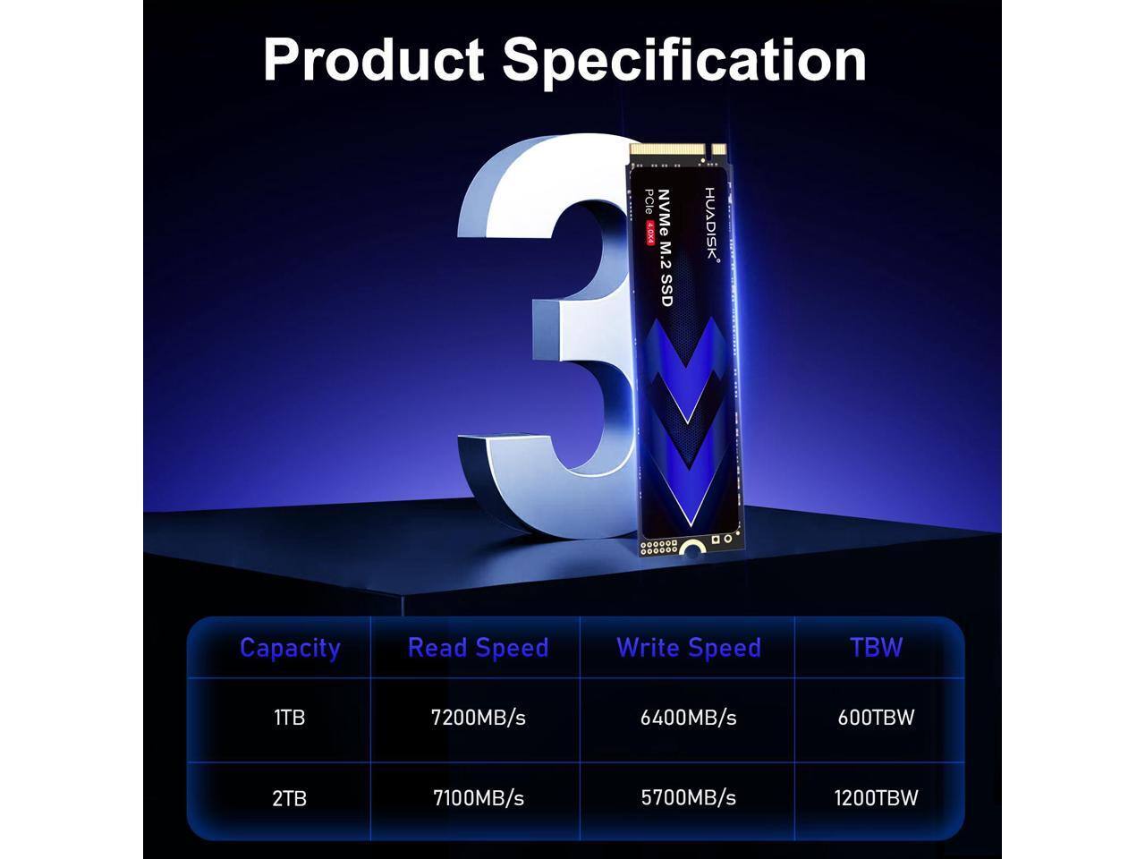 Product Specification

PCle NVMe SEXA M.2 HUADISK SSD

Capacity | Read Speed | Write Speed | TBW
--- | --- | --- | ---
1TB | 7200MB/s | 6400MB/s | 600TBW
2TB | 7100MB/s | 5700MB/s | 1200TBW