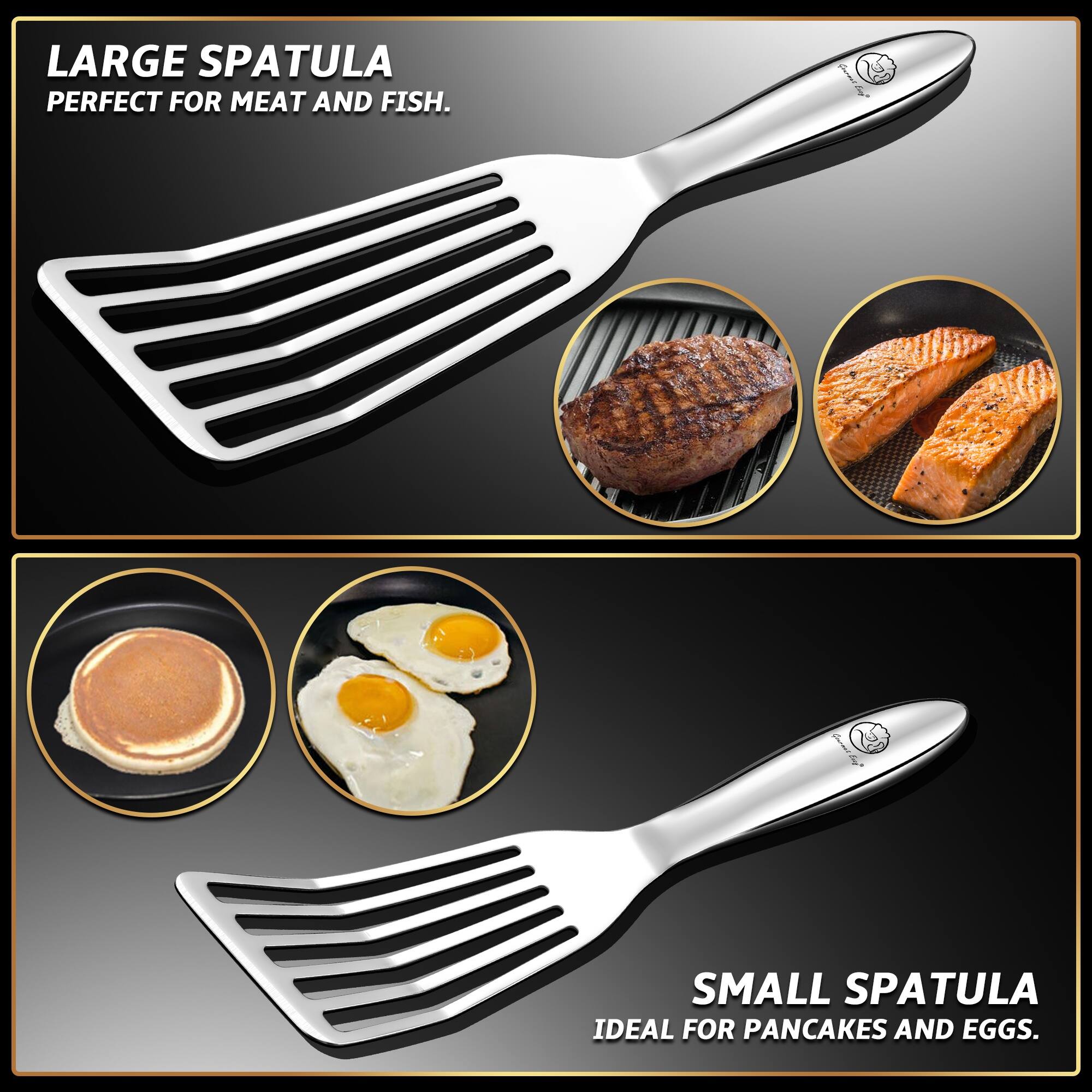 Angle. Gourmet Easy - Stainless Steel Fish Spatula Set – 1 Large + 1 Small Metal Spatula for Kitchen - Stainless Steel.