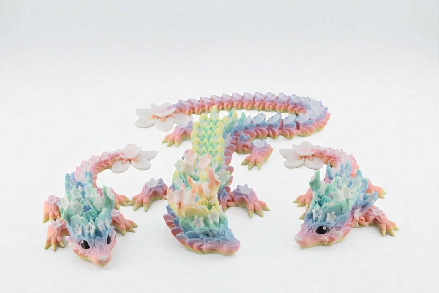 Left. JuzToys - 3D Printed Dragon Family Set, 1 Adult Blossom Dragon 2 Baby Dragons Articulated Fantasy Figurines by PowerTRC - Multicolored.