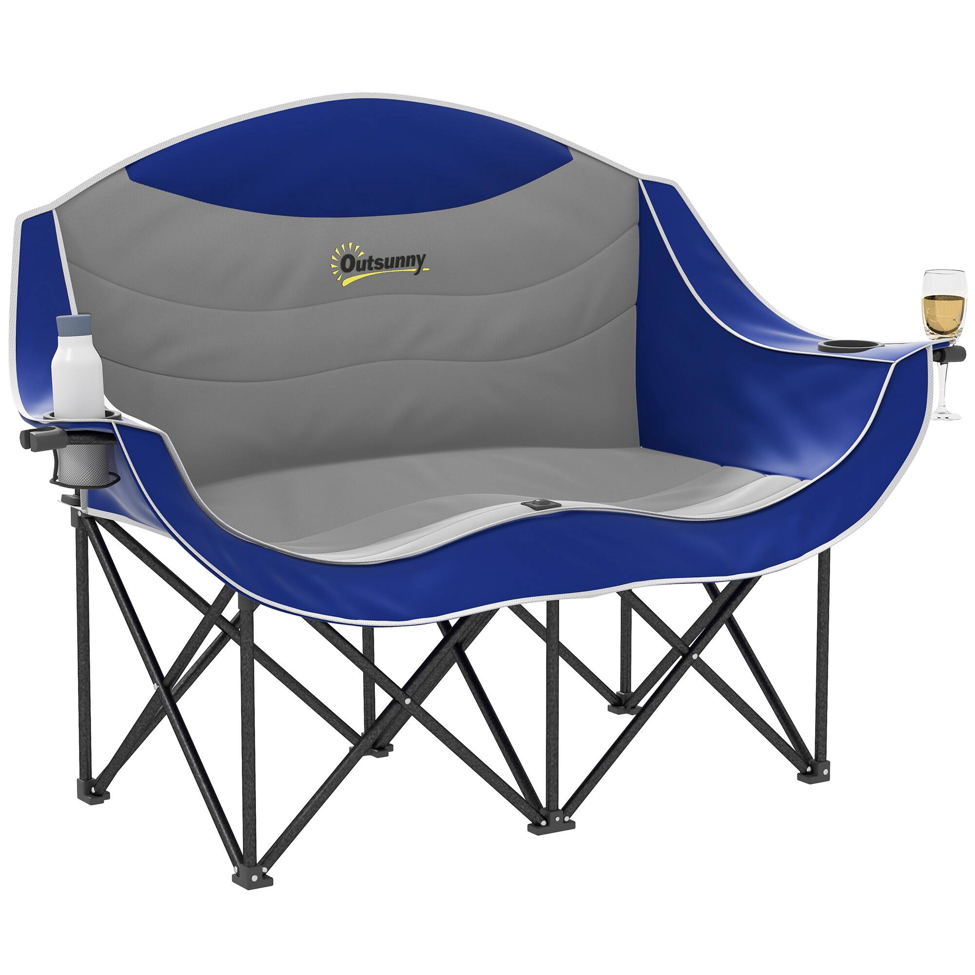 Outsunny - Double Camping Chair for Adults, Padded Folding Camp Chair for 2 Person with Armrest, Wine Glass Holder, Cup Holder - Blue